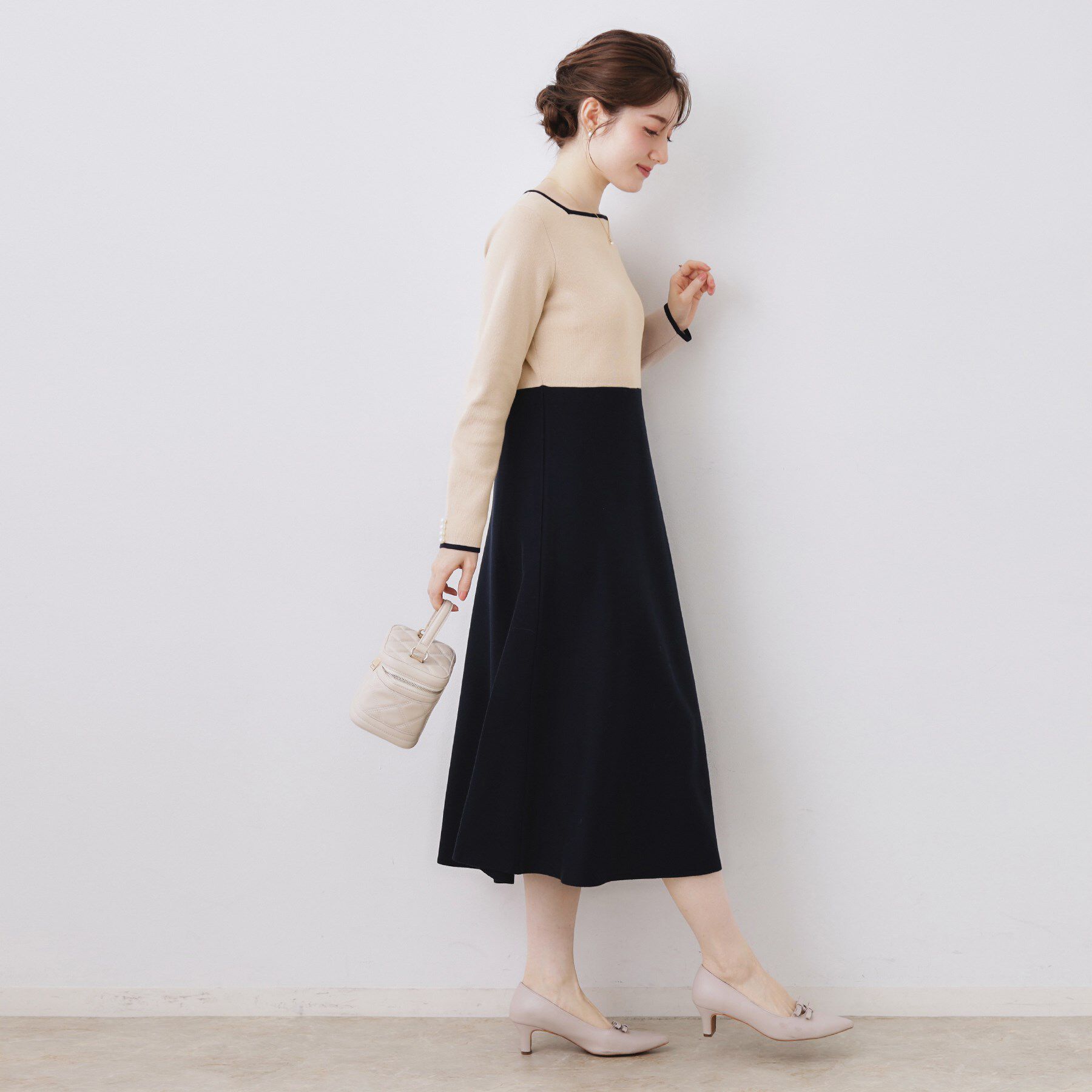 Couture broach「【ハレの日・通勤】スクエアネック バイカラー ニットワンピース」|ワンピース|
