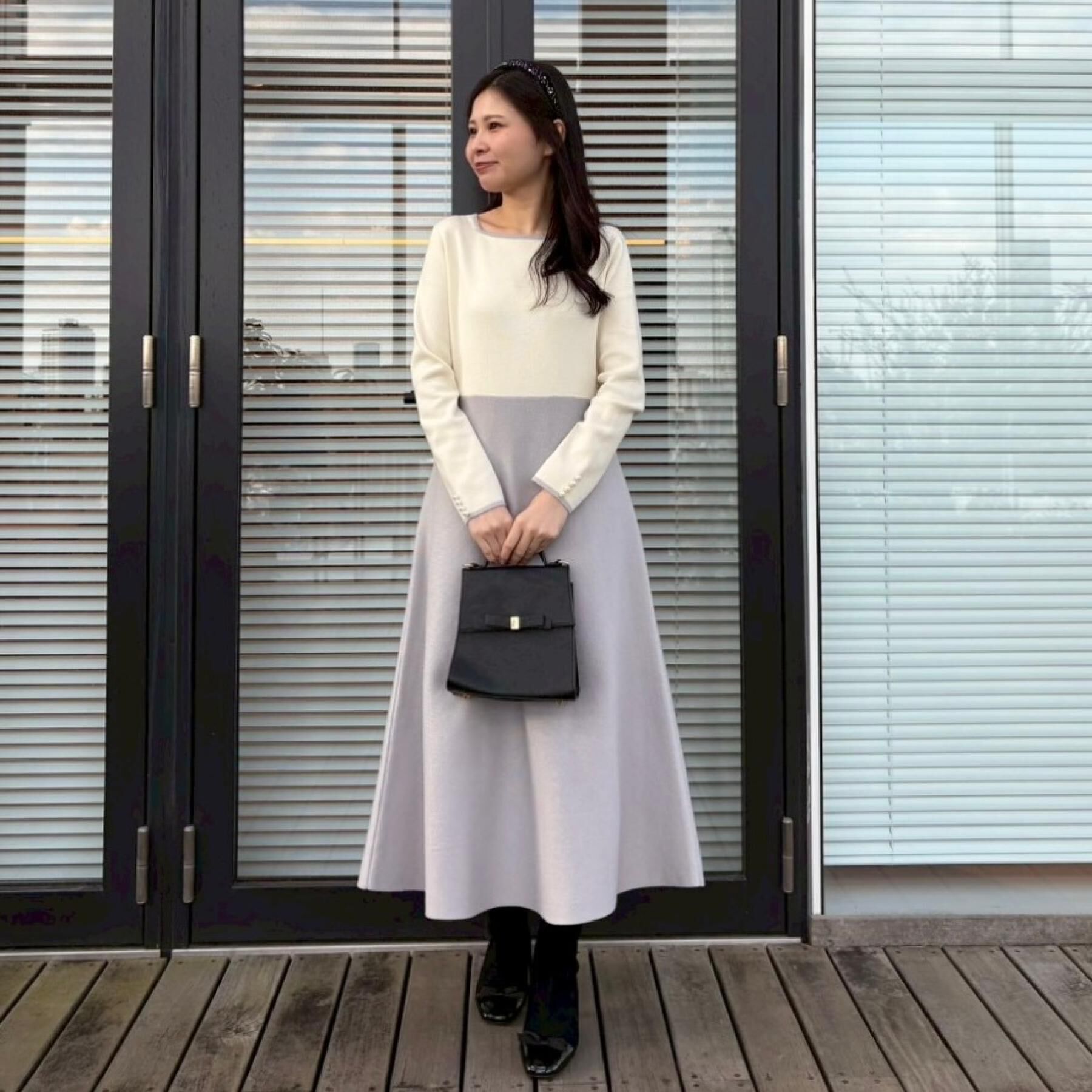 Couture broach「【ハレの日・通勤】スクエアネック バイカラー ニットワンピース」|ワンピース|