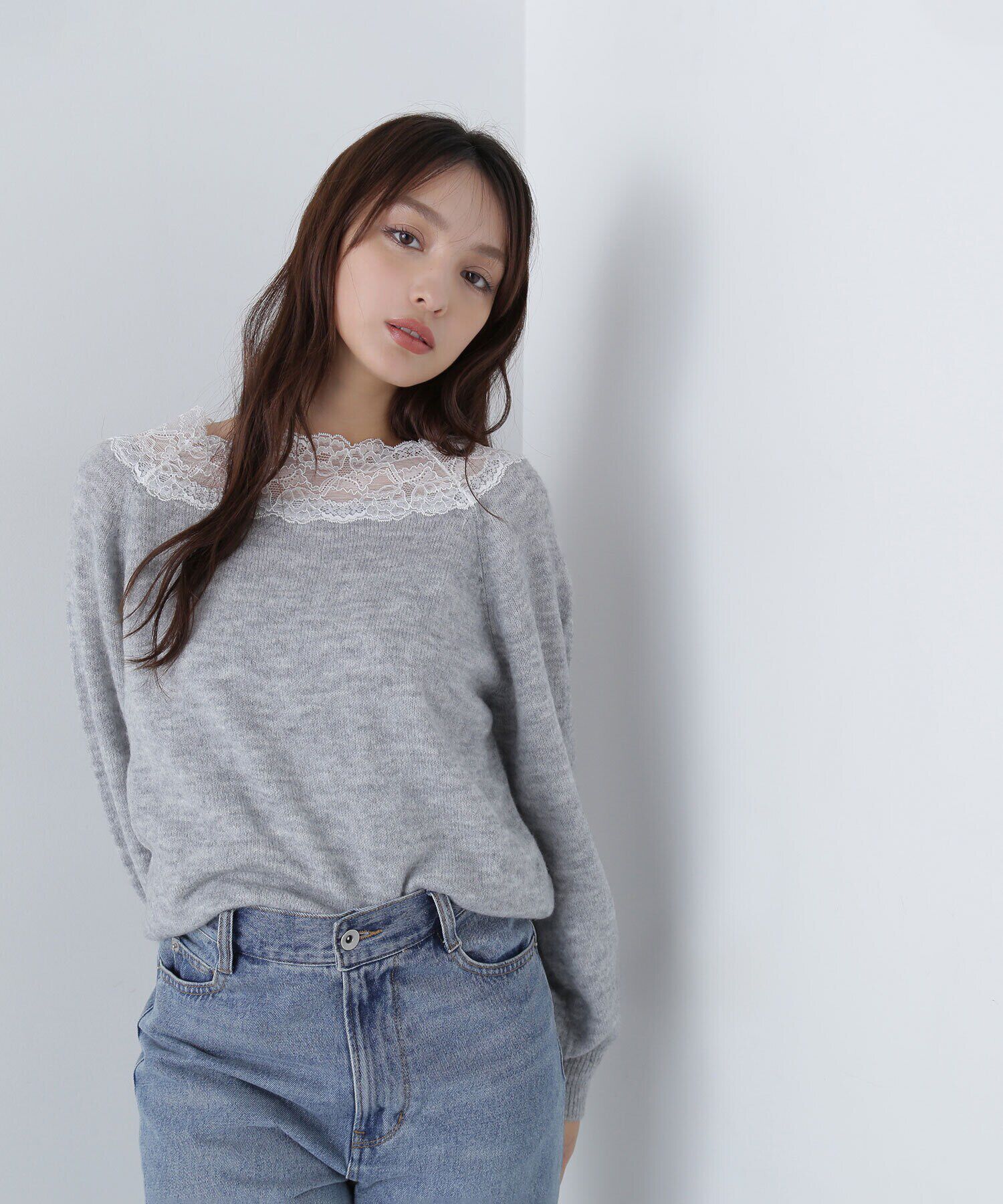  「レーストリミングニット　24AW」|ニット・セーター|グレー&times;オフ2