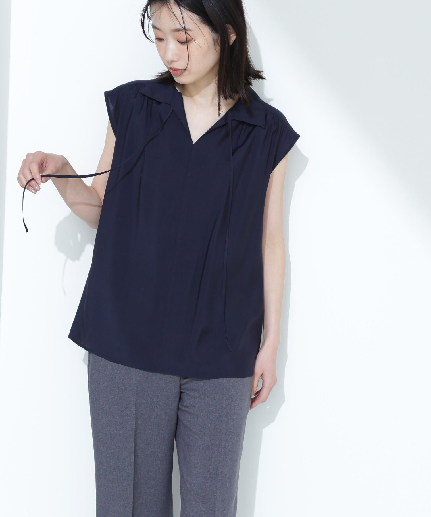  「ナローリボンスキッパーブラウス」|シャツ・ブラウス|ネイビー