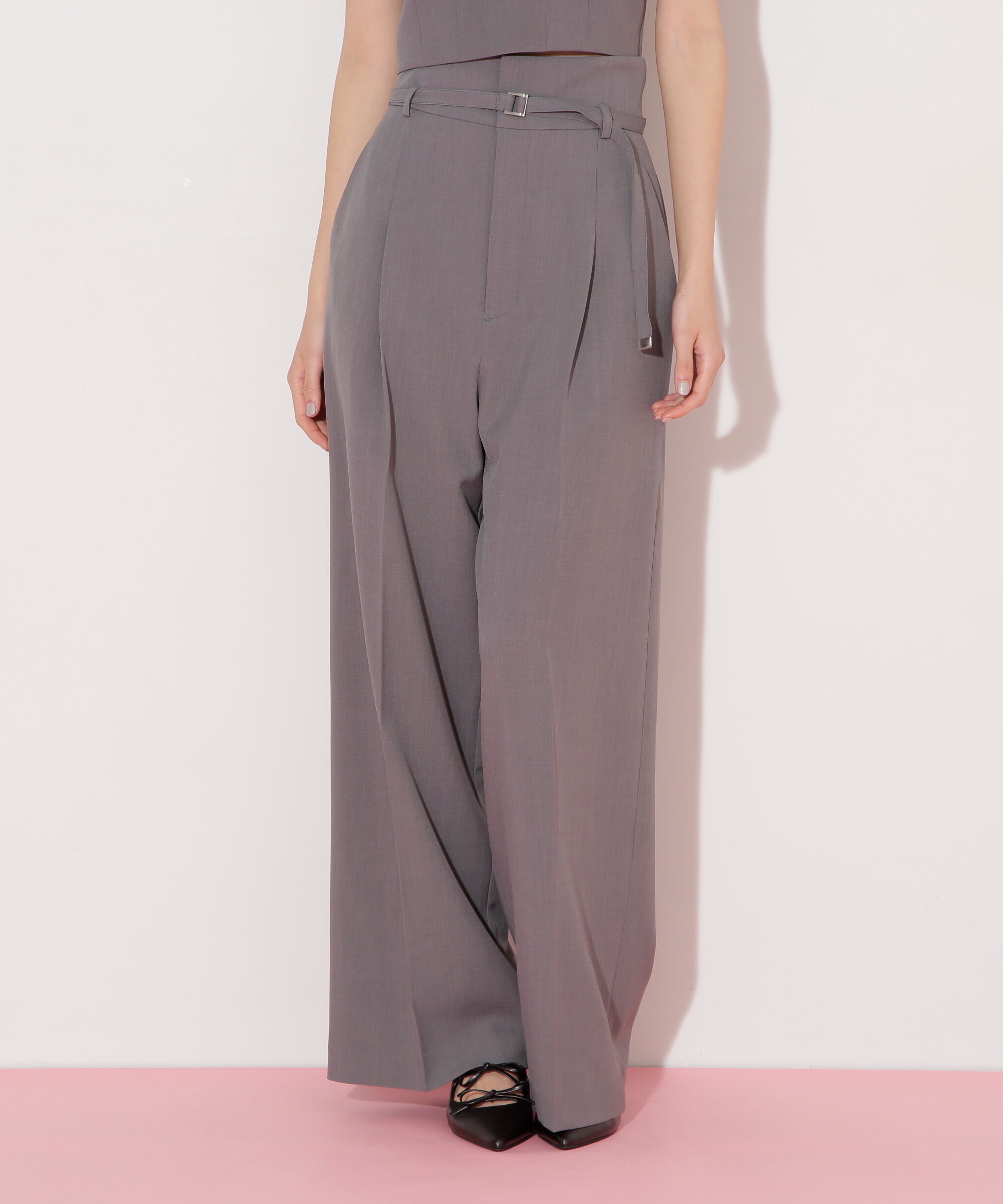  「ベルト付きハイウエストスラックスパンツ」|その他|