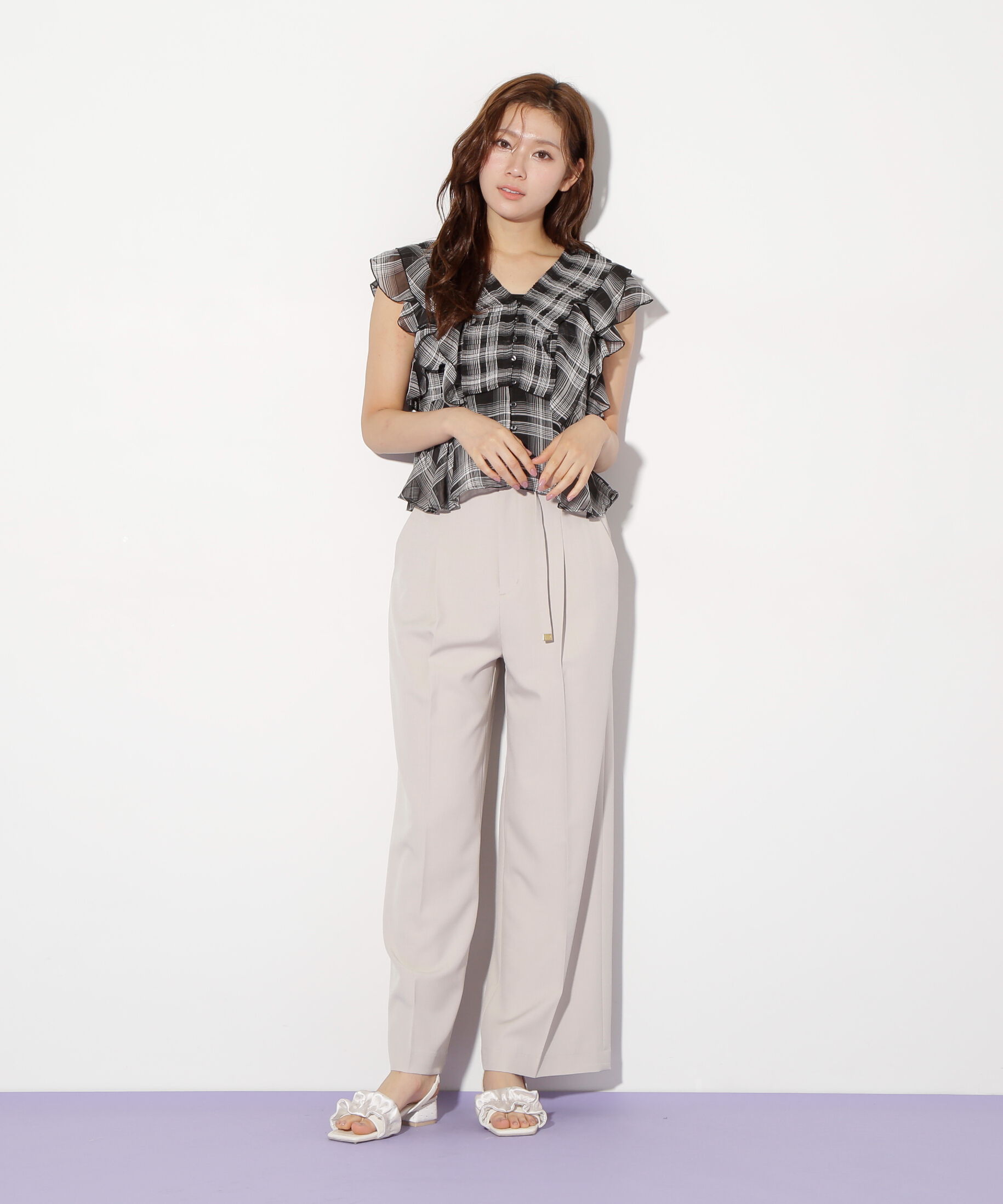  「ベルト付きハイウエストスラックスパンツ」|その他|