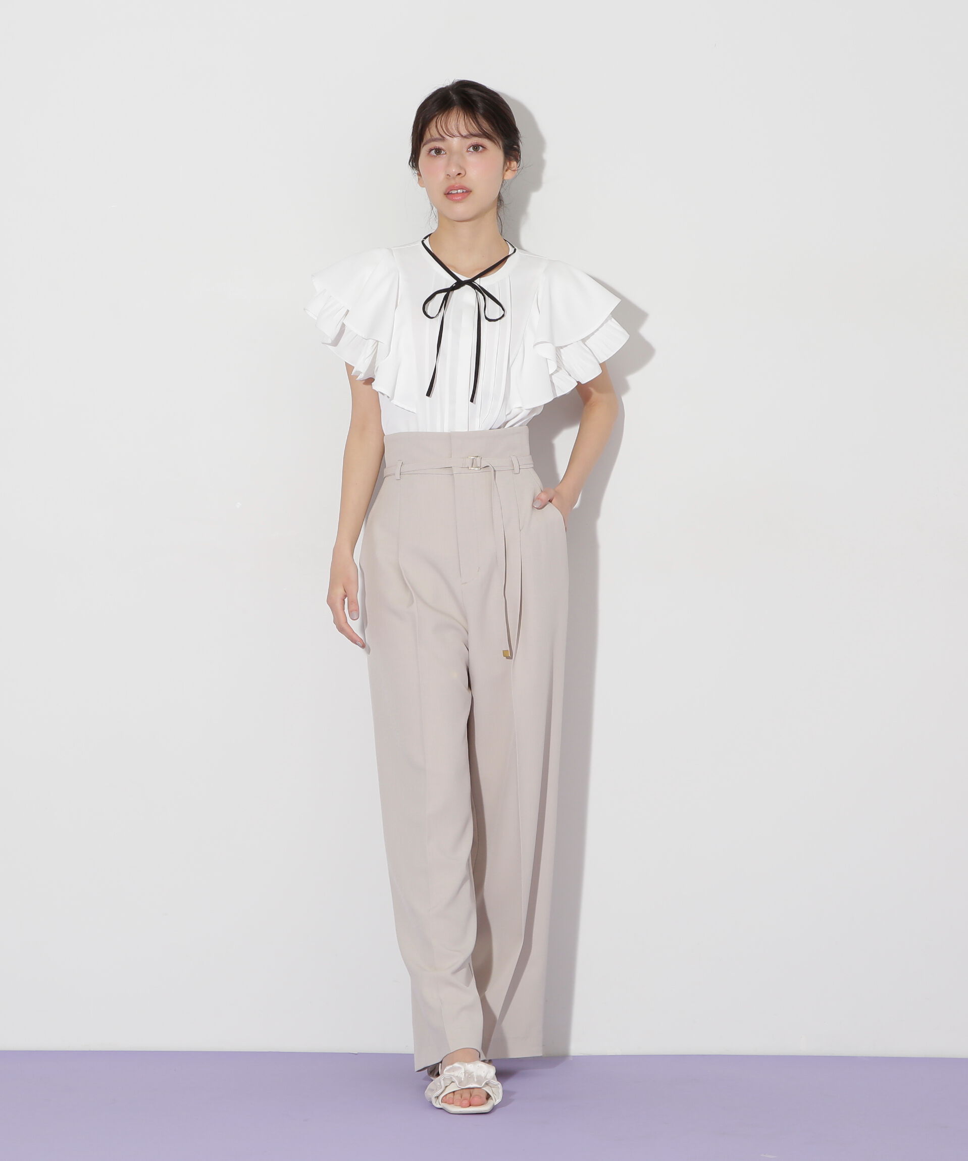  「ベルト付きハイウエストスラックスパンツ」|その他|