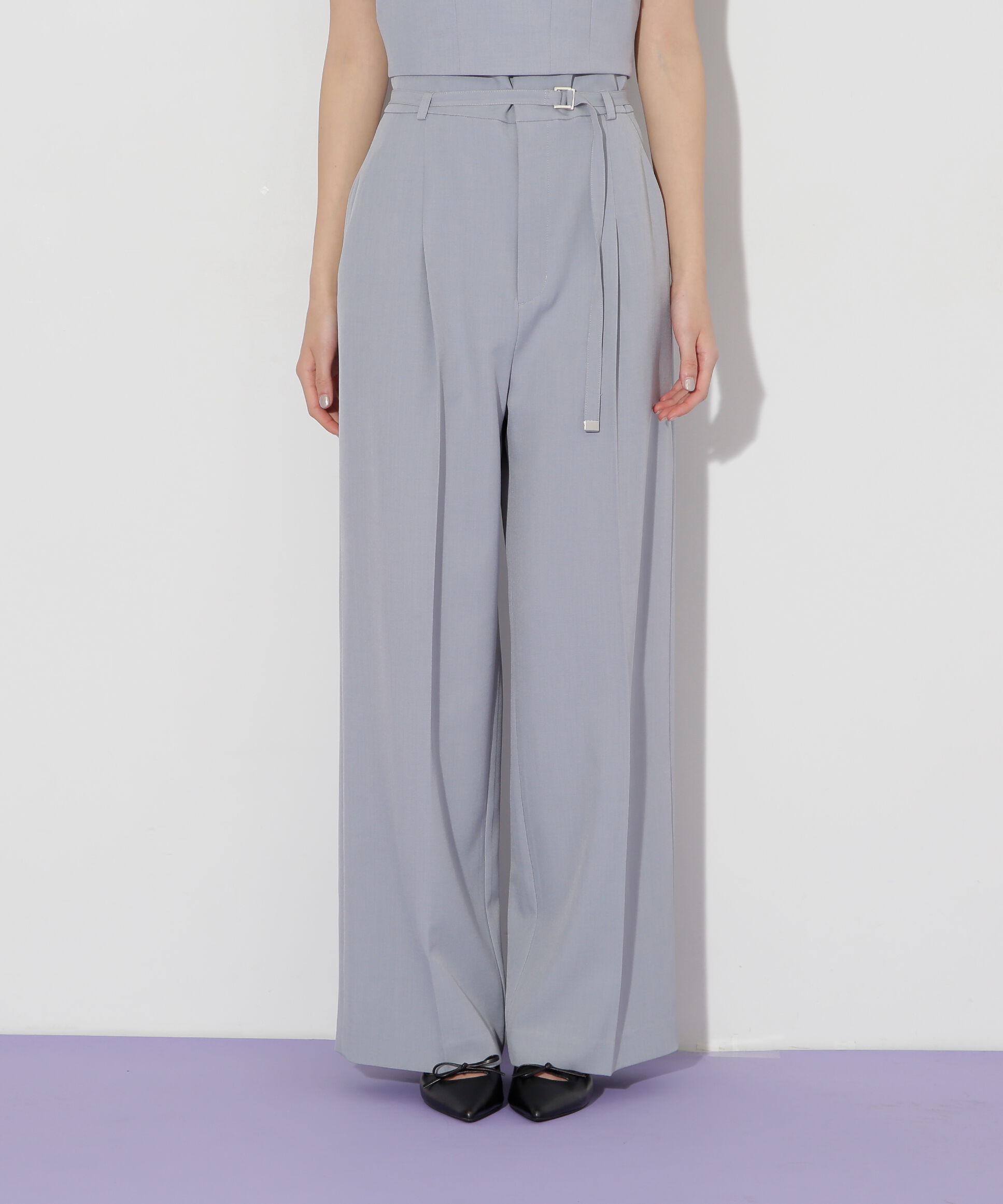  「ベルト付きハイウエストスラックスパンツ」|その他|ブルー