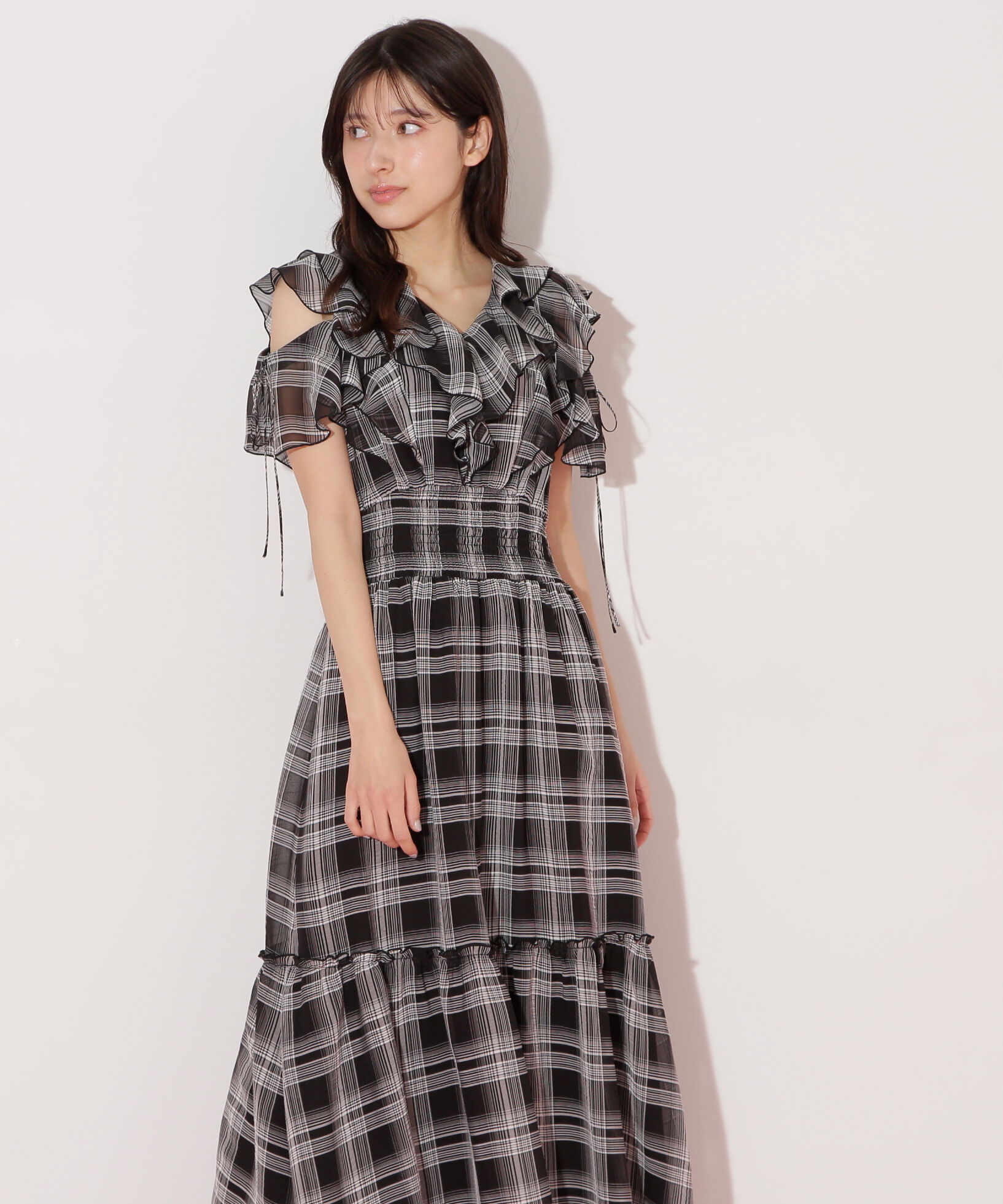  「シアーチェックボリュームフリルワンピース」|ワンピース|