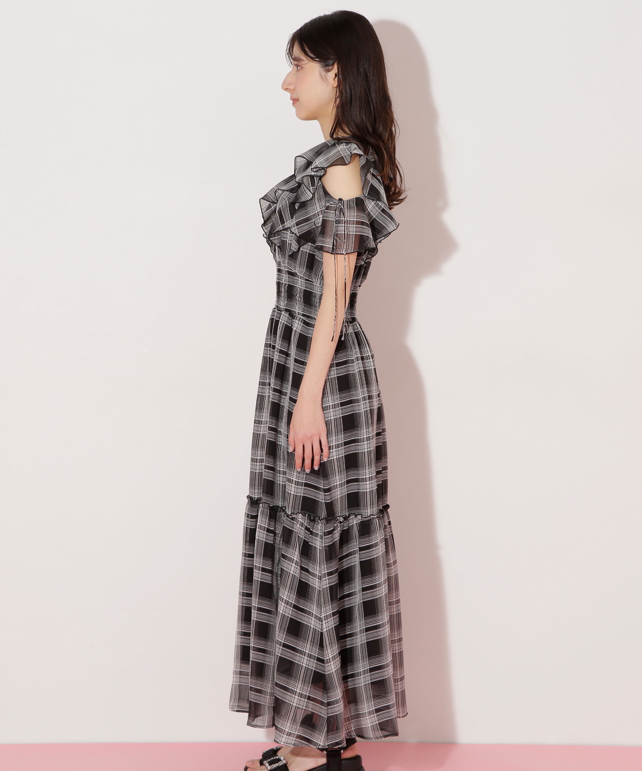  「シアーチェックボリュームフリルワンピース」|ワンピース|