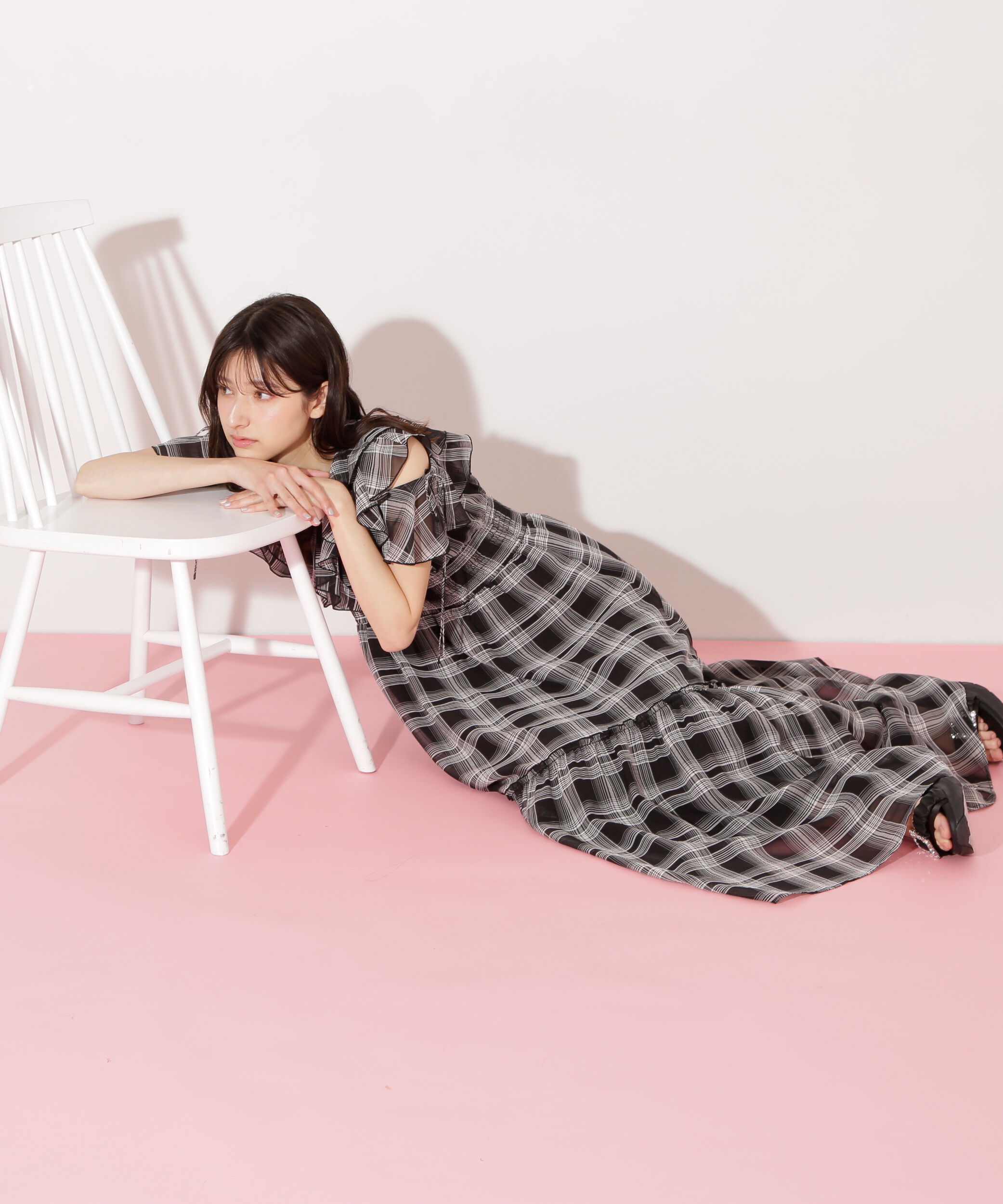  「シアーチェックボリュームフリルワンピース」|ワンピース|