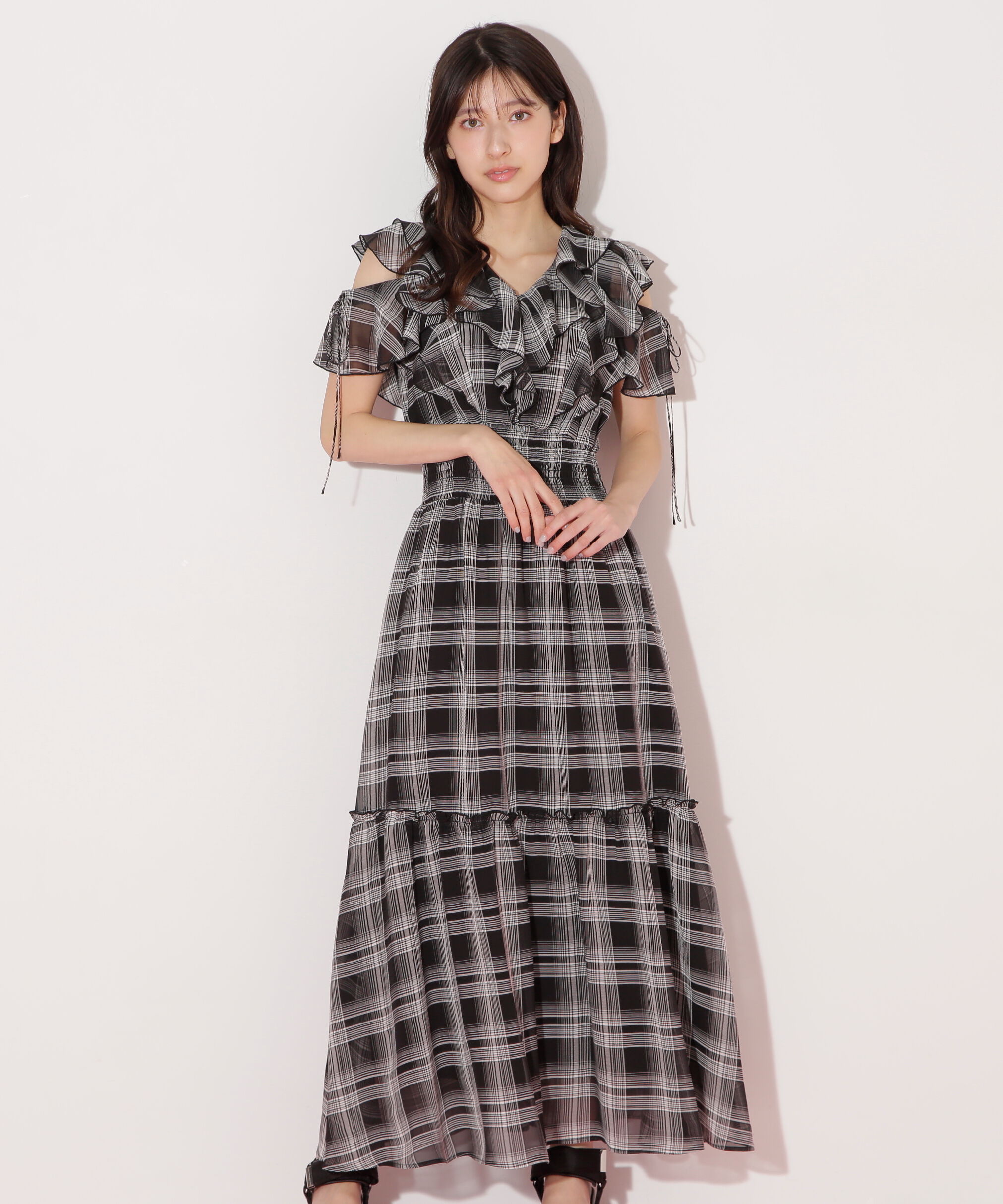  「シアーチェックボリュームフリルワンピース」|ワンピース|