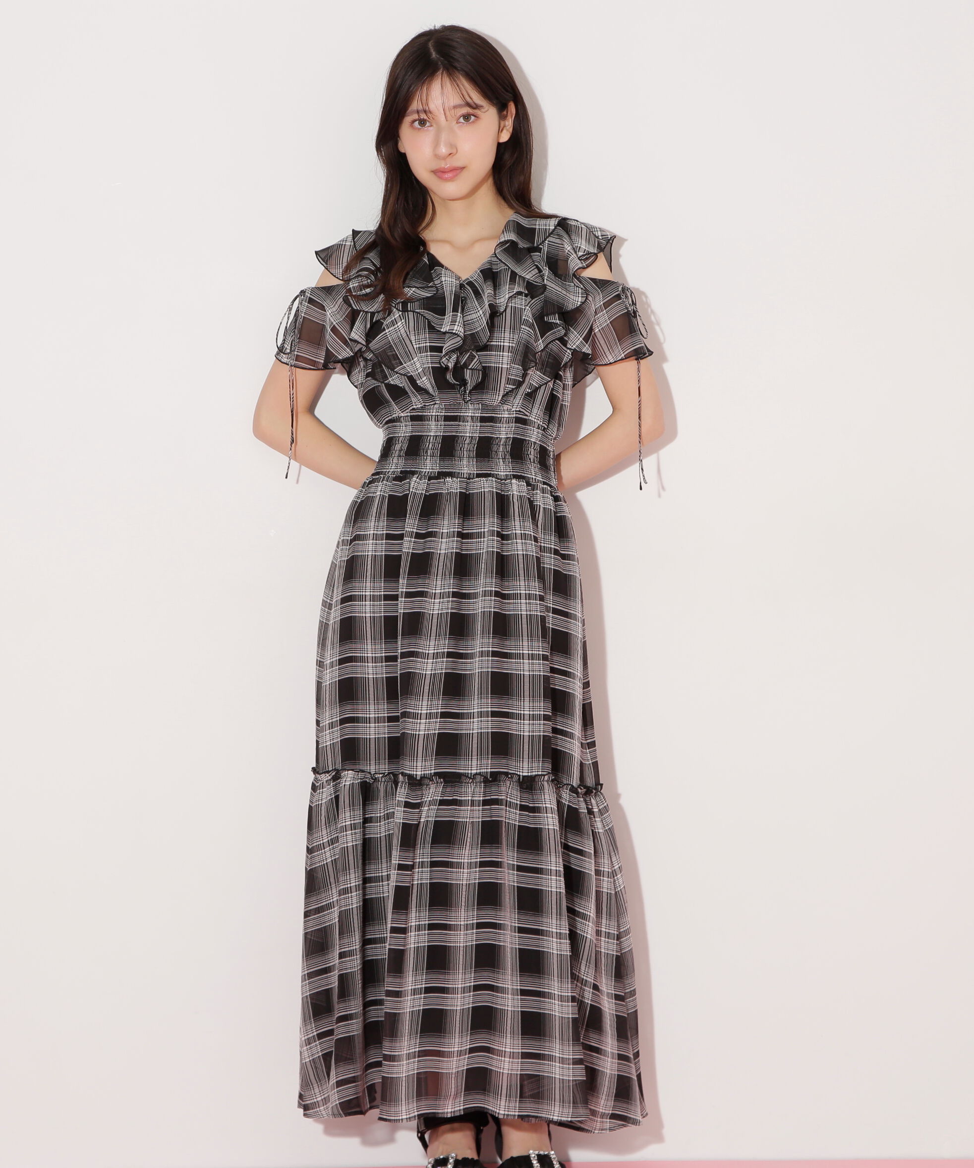  「シアーチェックボリュームフリルワンピース」|ワンピース|