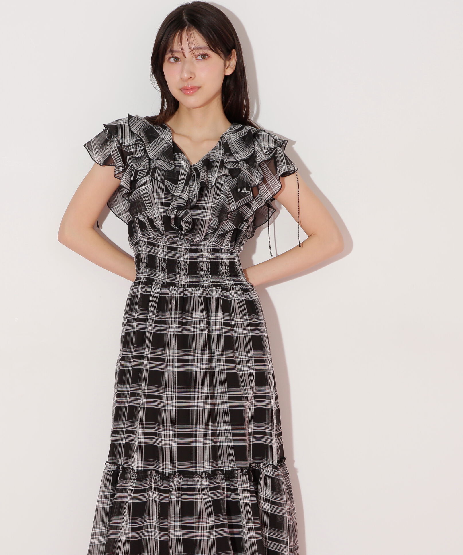  「シアーチェックボリュームフリルワンピース」|ワンピース|