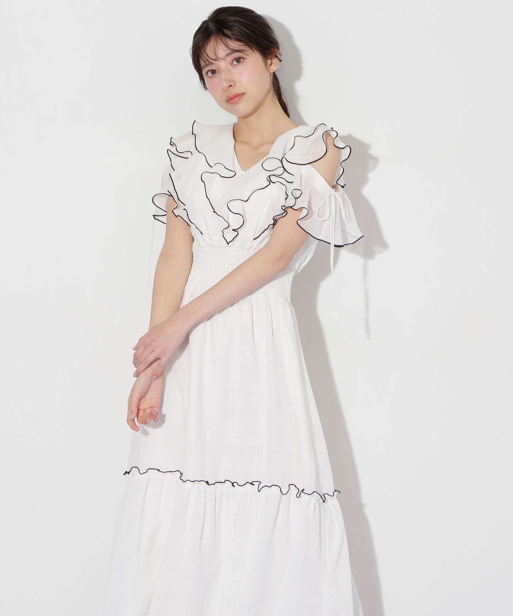  「シアーチェックボリュームフリルワンピース」|ワンピース|