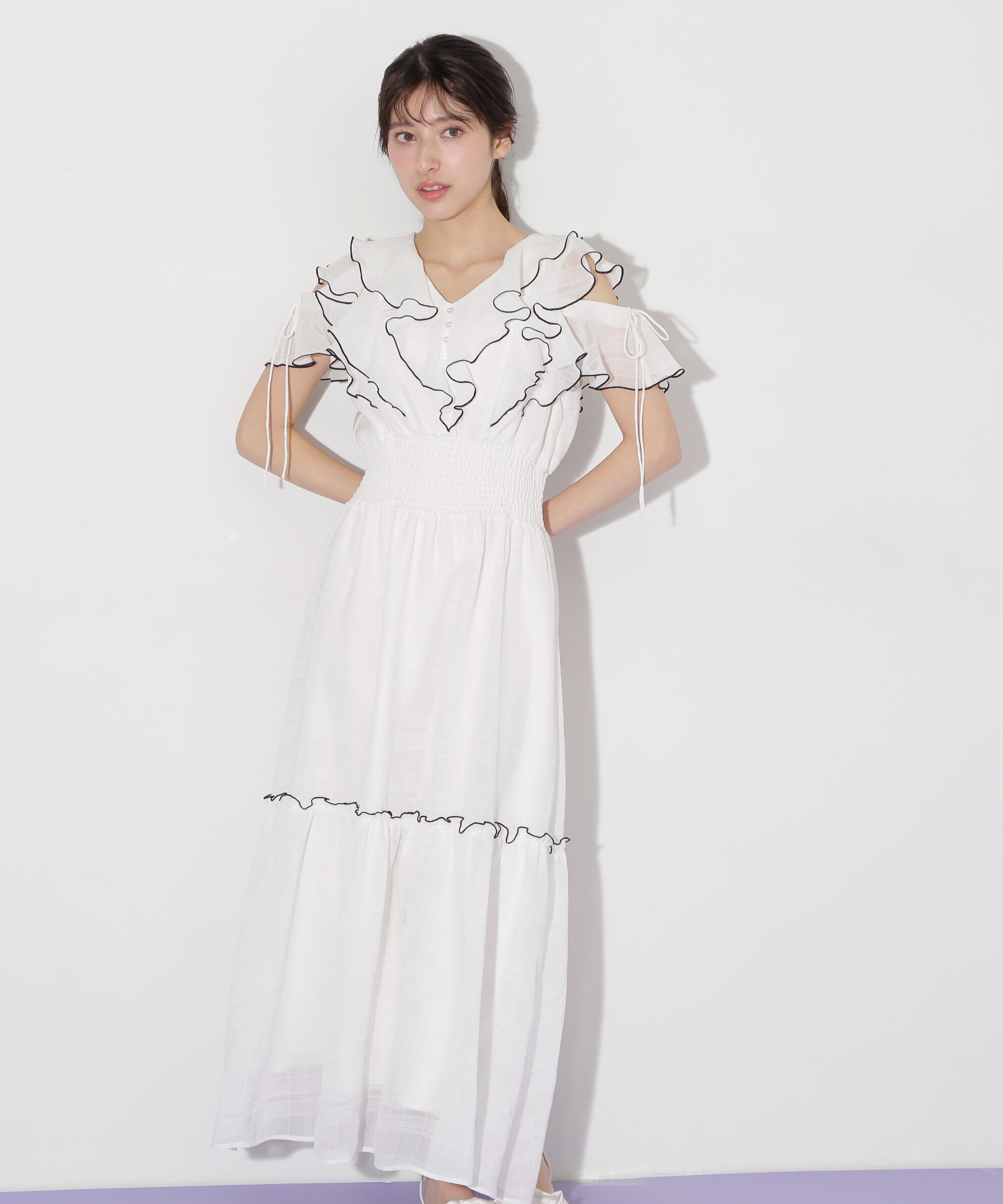  「シアーチェックボリュームフリルワンピース」|ワンピース|