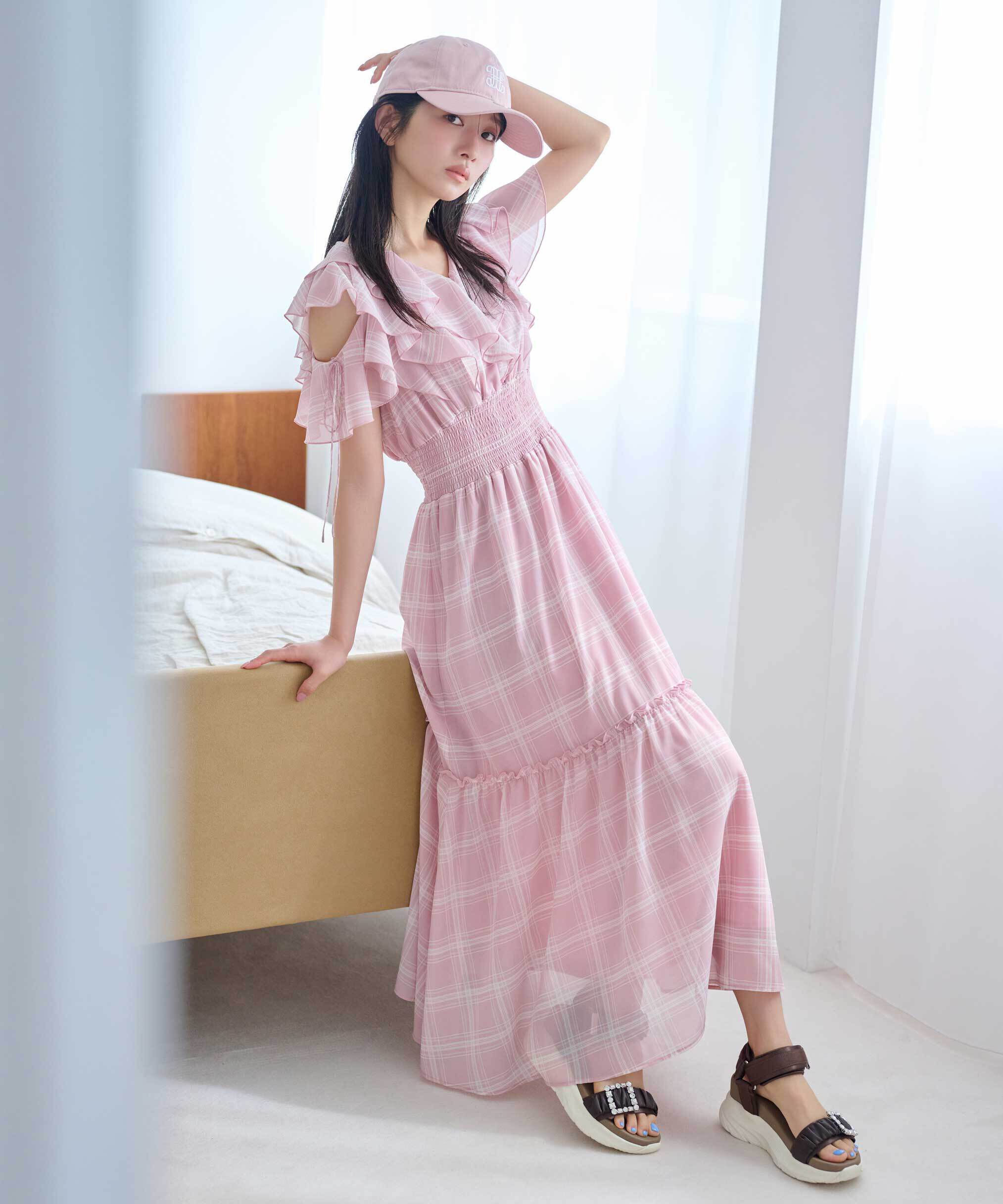  「シアーチェックボリュームフリルワンピース」|ワンピース|ピンクチェッ 1