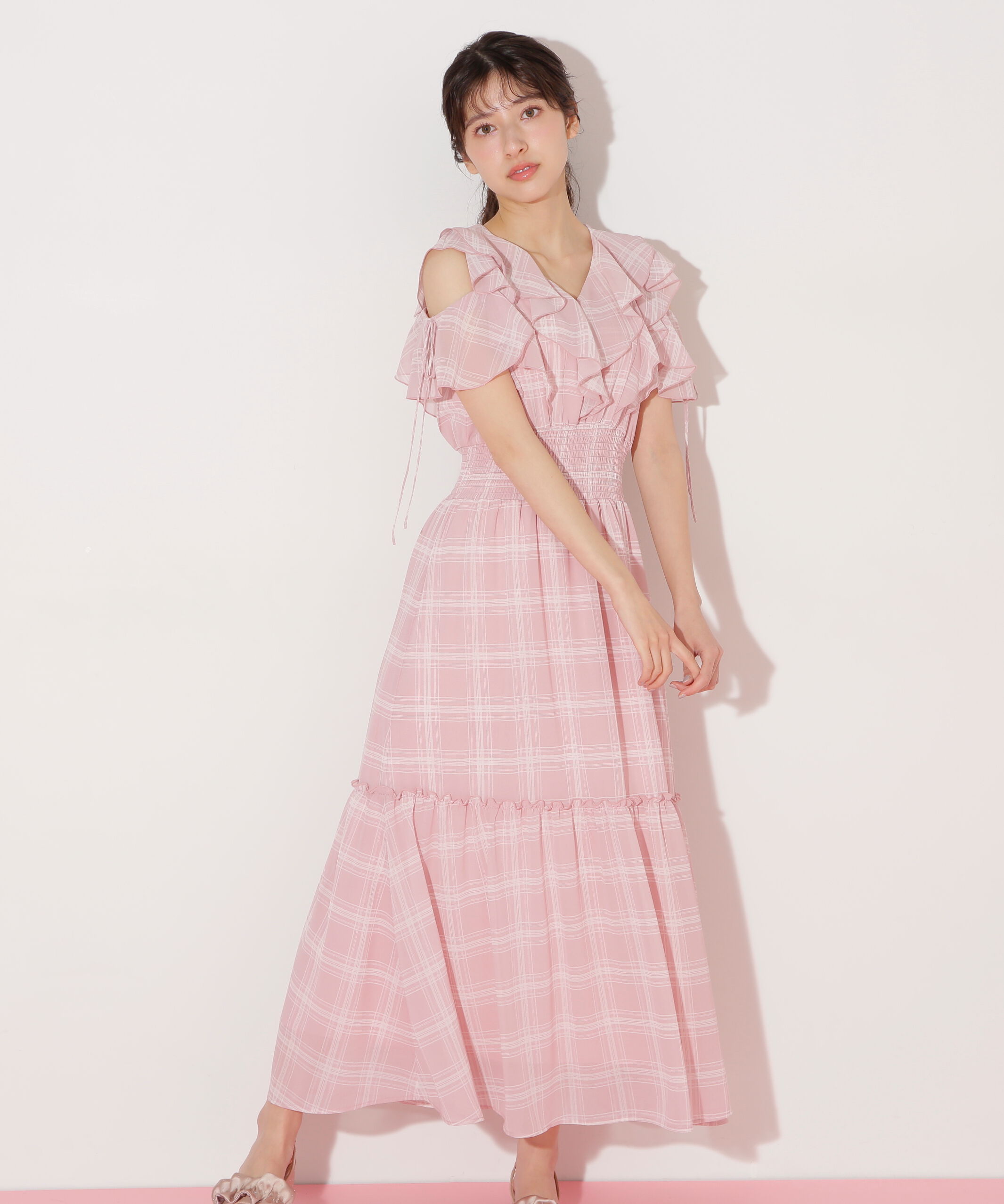  「シアーチェックボリュームフリルワンピース」|ワンピース|