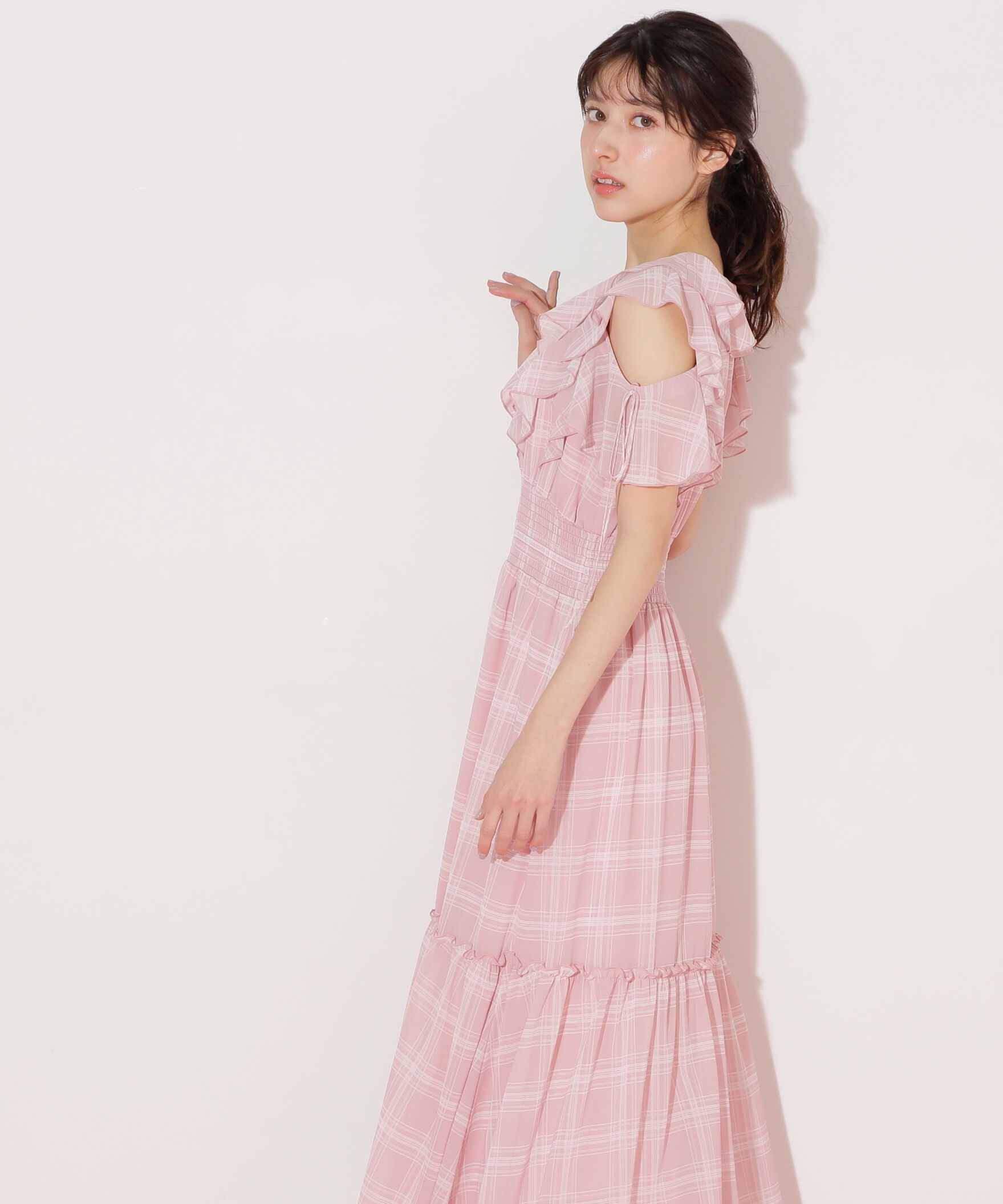  「シアーチェックボリュームフリルワンピース」|ワンピース|