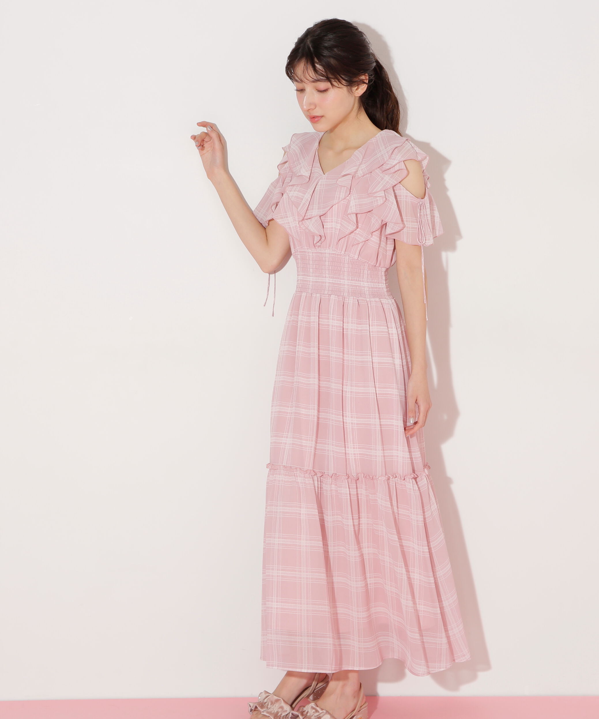  「シアーチェックボリュームフリルワンピース」|ワンピース|