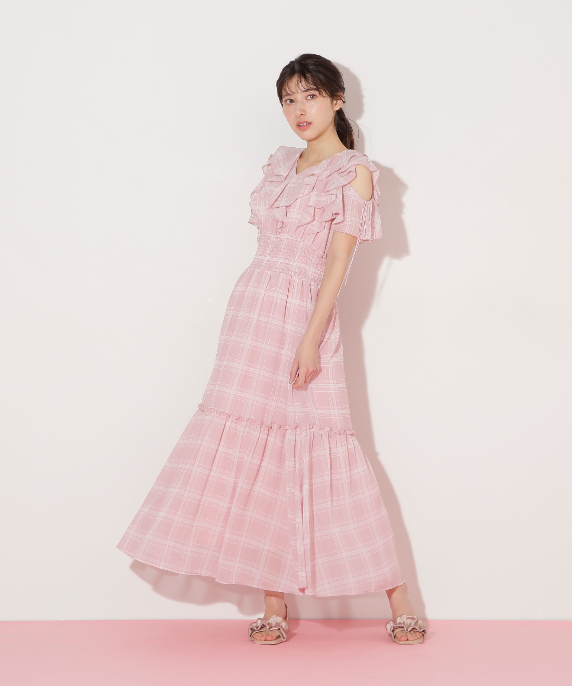  「シアーチェックボリュームフリルワンピース」|ワンピース|