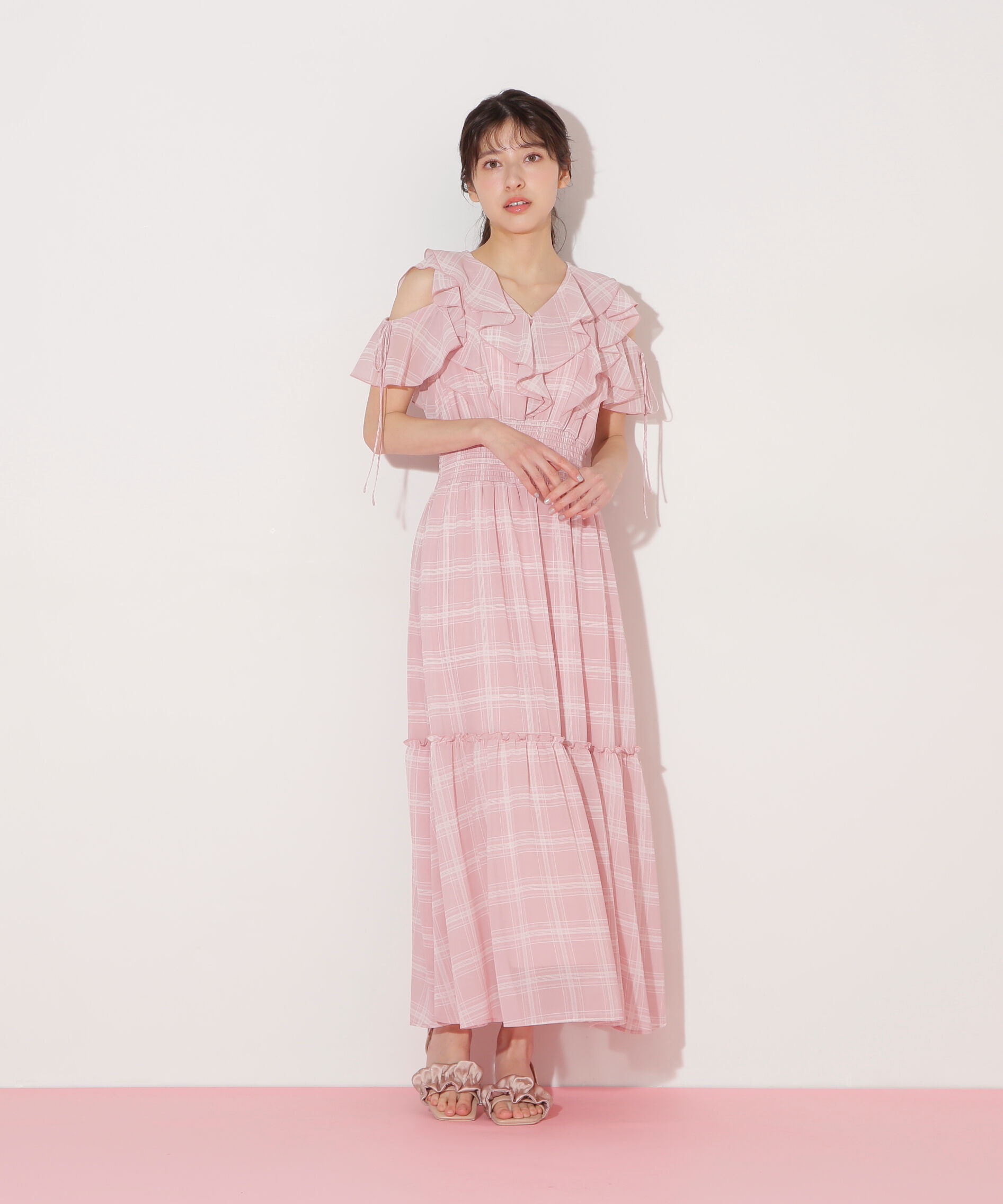  「シアーチェックボリュームフリルワンピース」|ワンピース|