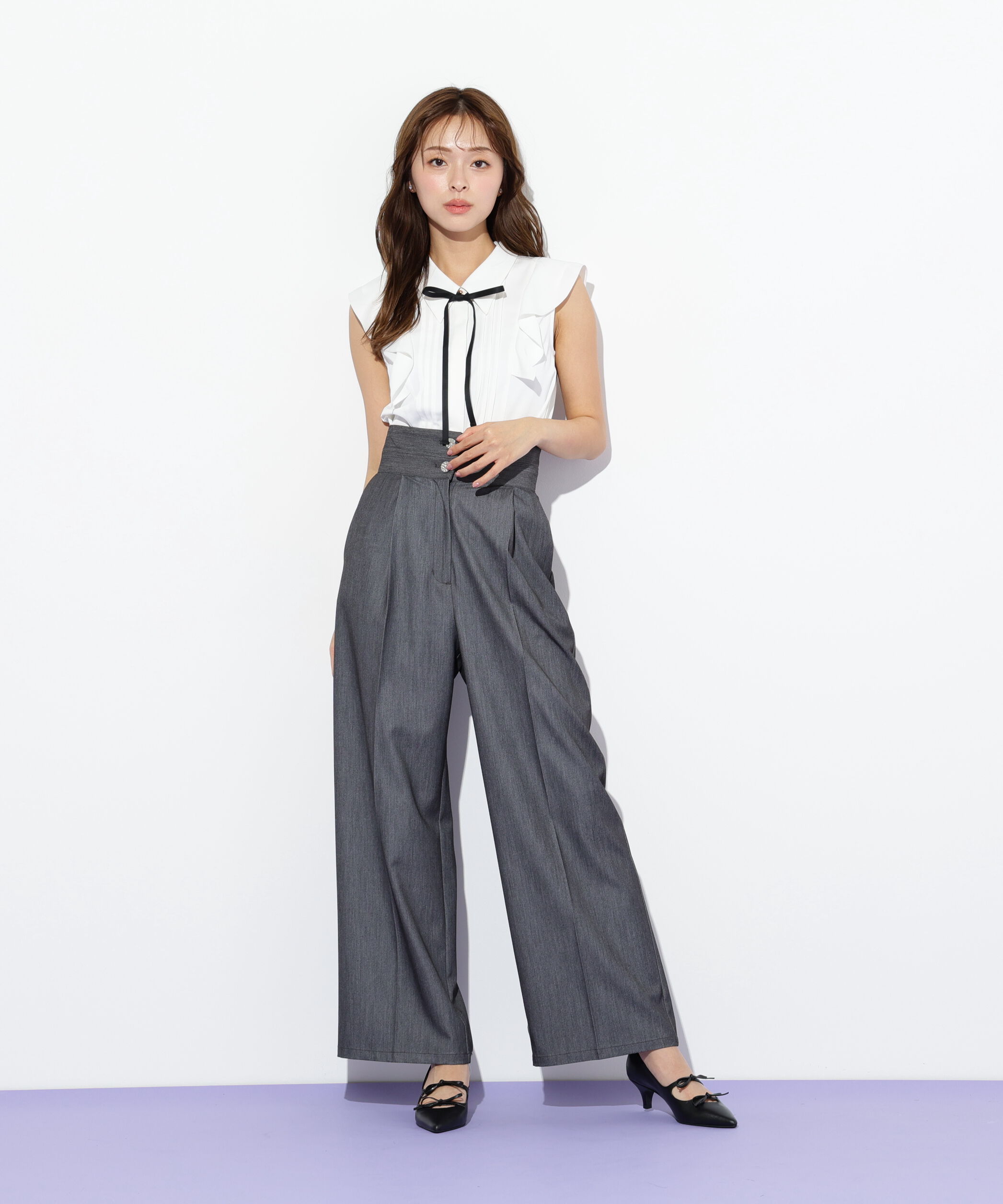  「リボン付きピンタックノースリーブブラウス」|シャツ・ブラウス|