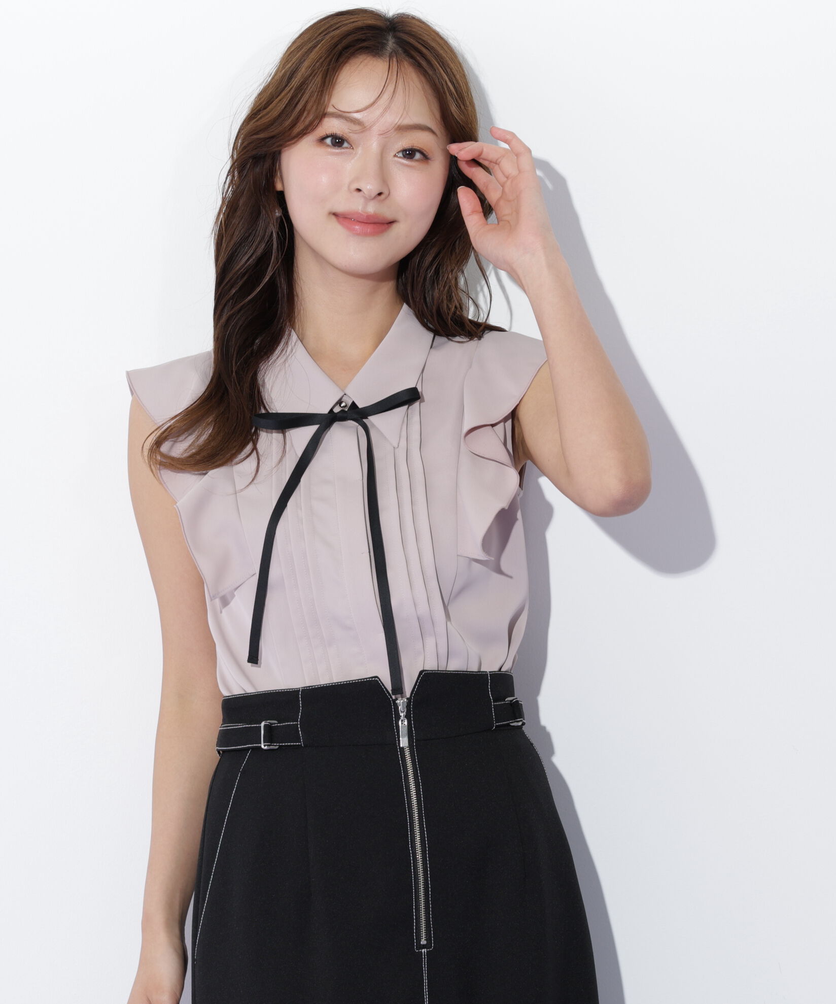  「リボン付きピンタックノースリーブブラウス」|シャツ・ブラウス|