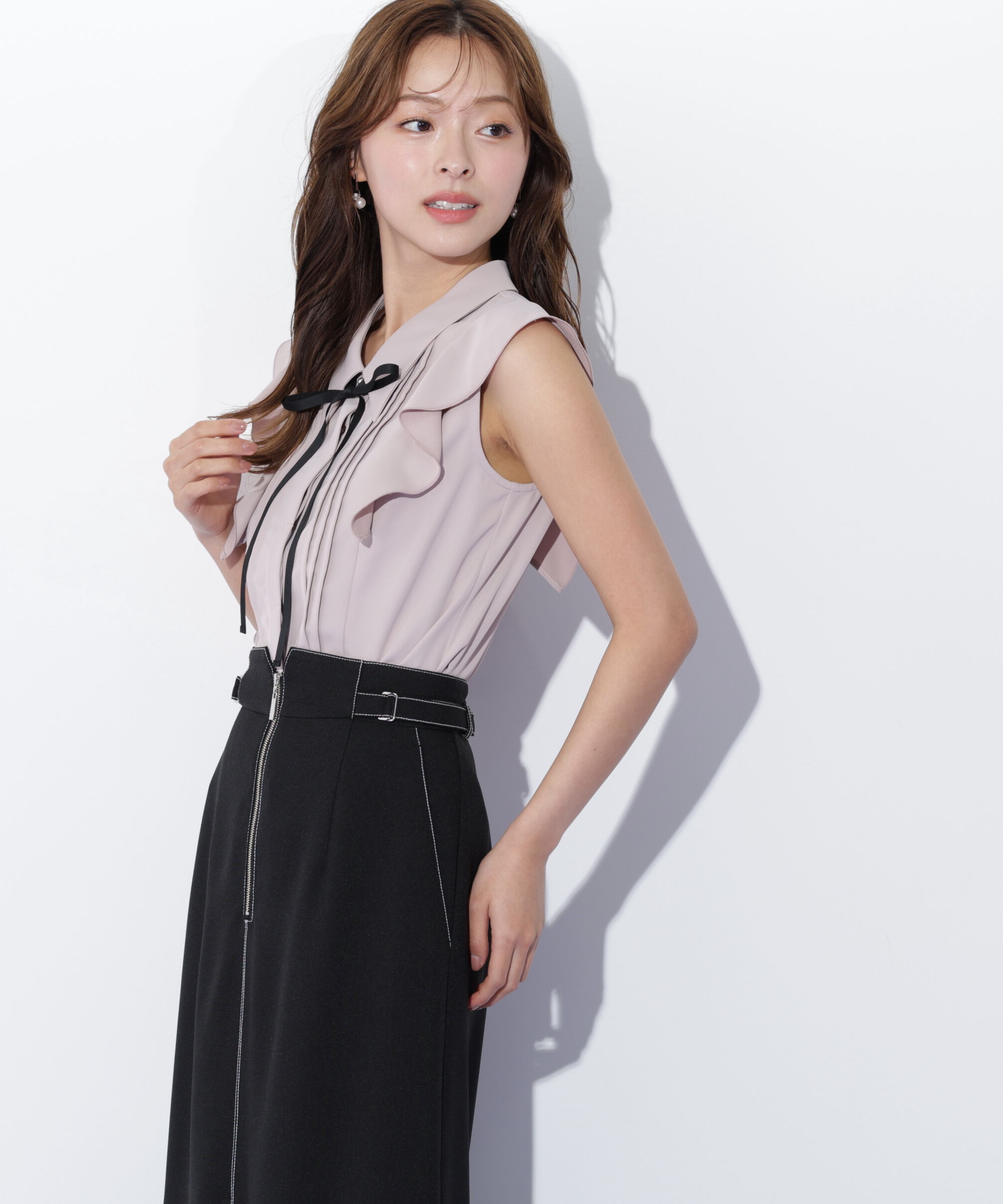  「リボン付きピンタックノースリーブブラウス」|シャツ・ブラウス|