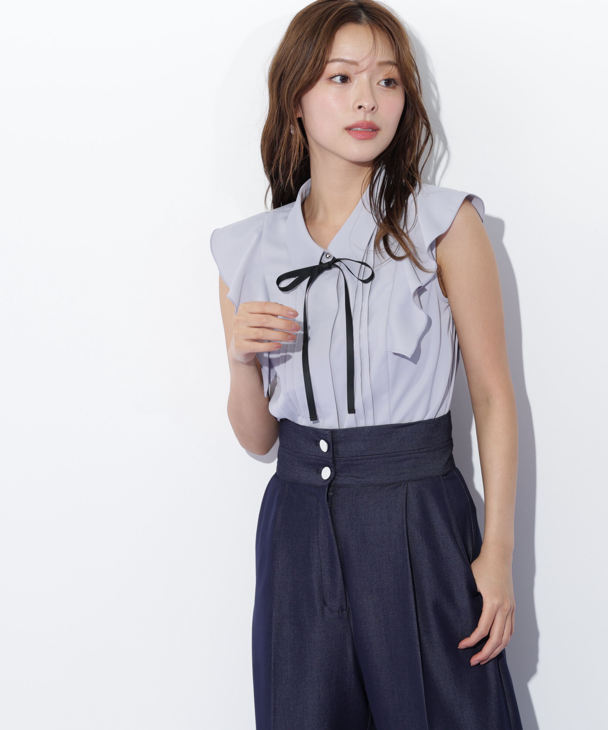  「リボン付きピンタックノースリーブブラウス」|シャツ・ブラウス|