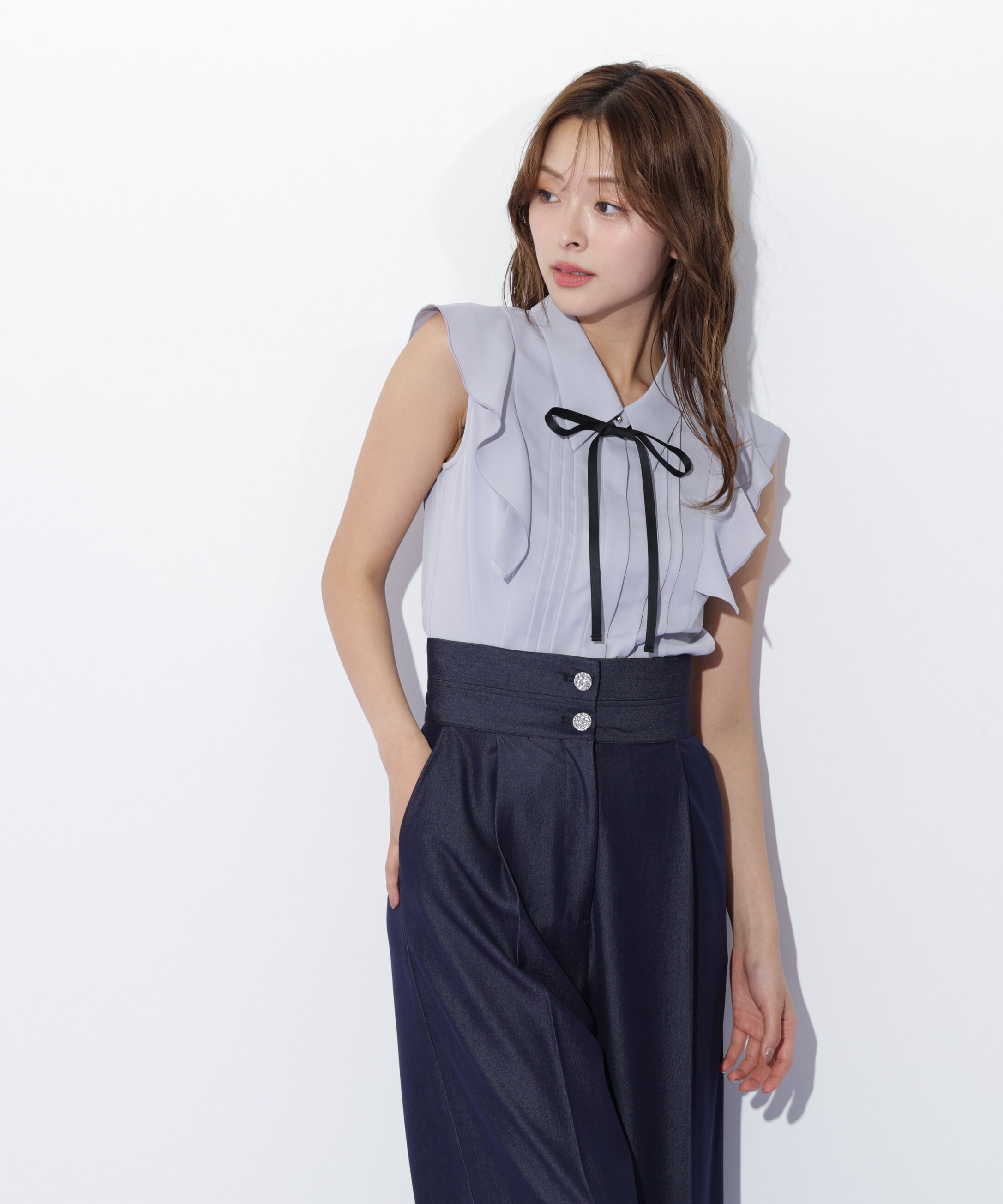  「リボン付きピンタックノースリーブブラウス」|シャツ・ブラウス|