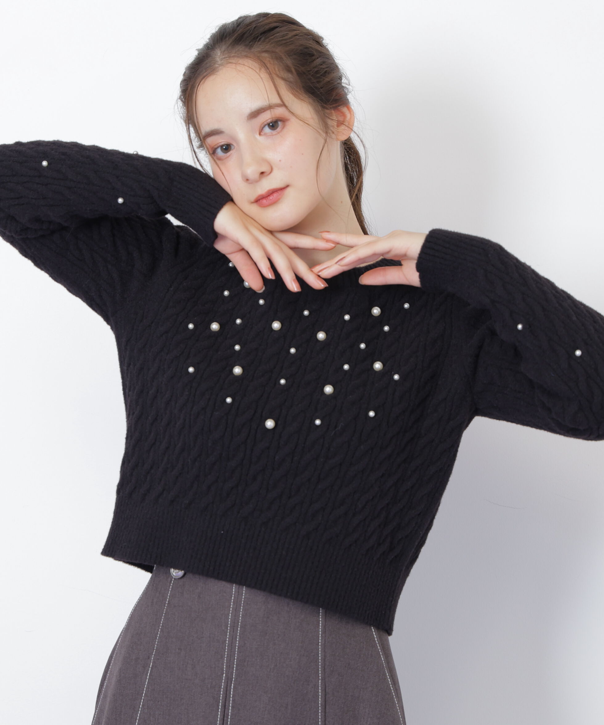  「ランダムパールミニケーブルニット」|ニット・セーター|ブラック