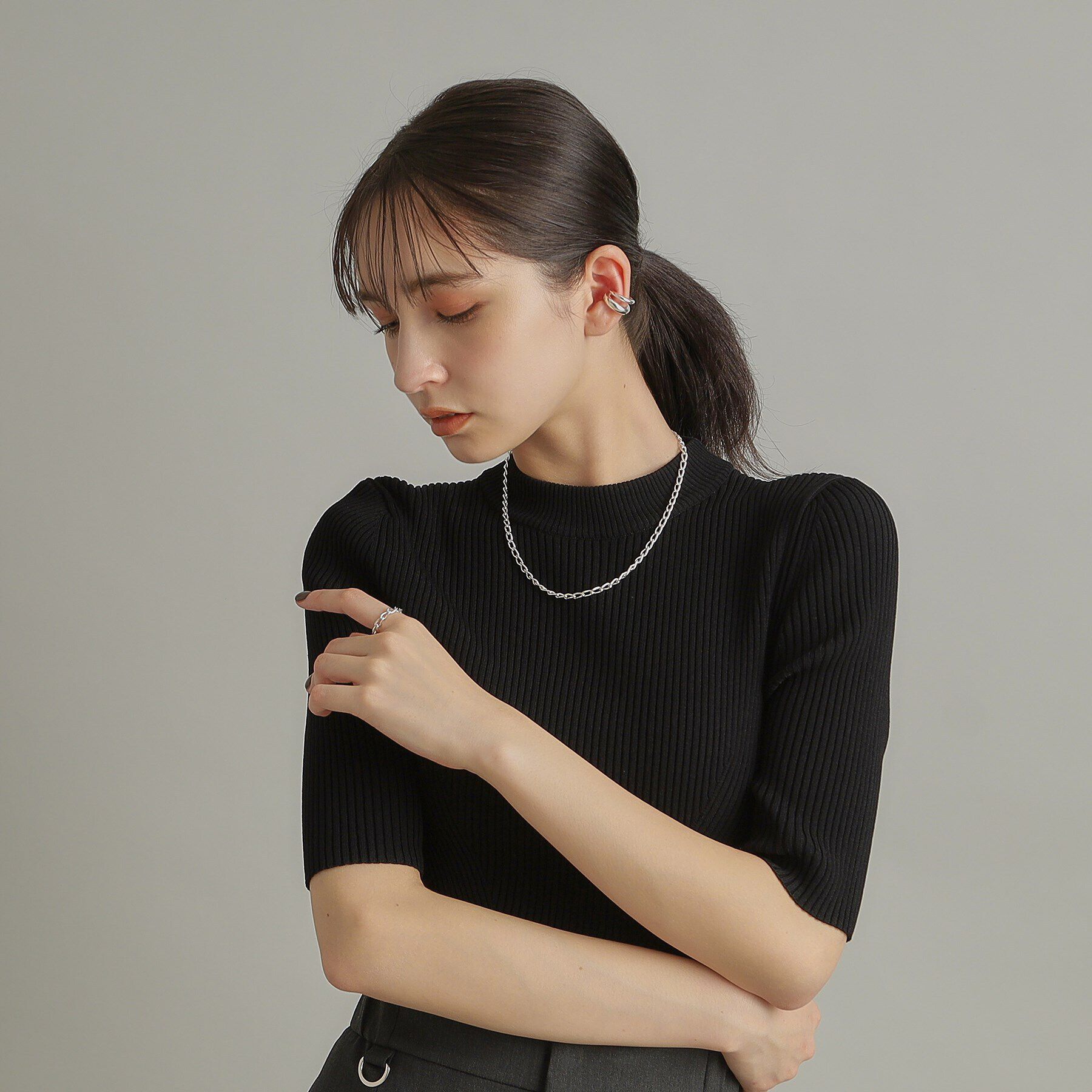 COCOSHNIK ONKITSCH「シルバー デザインチェーン ロングカーブネックレス」|ネックレス|