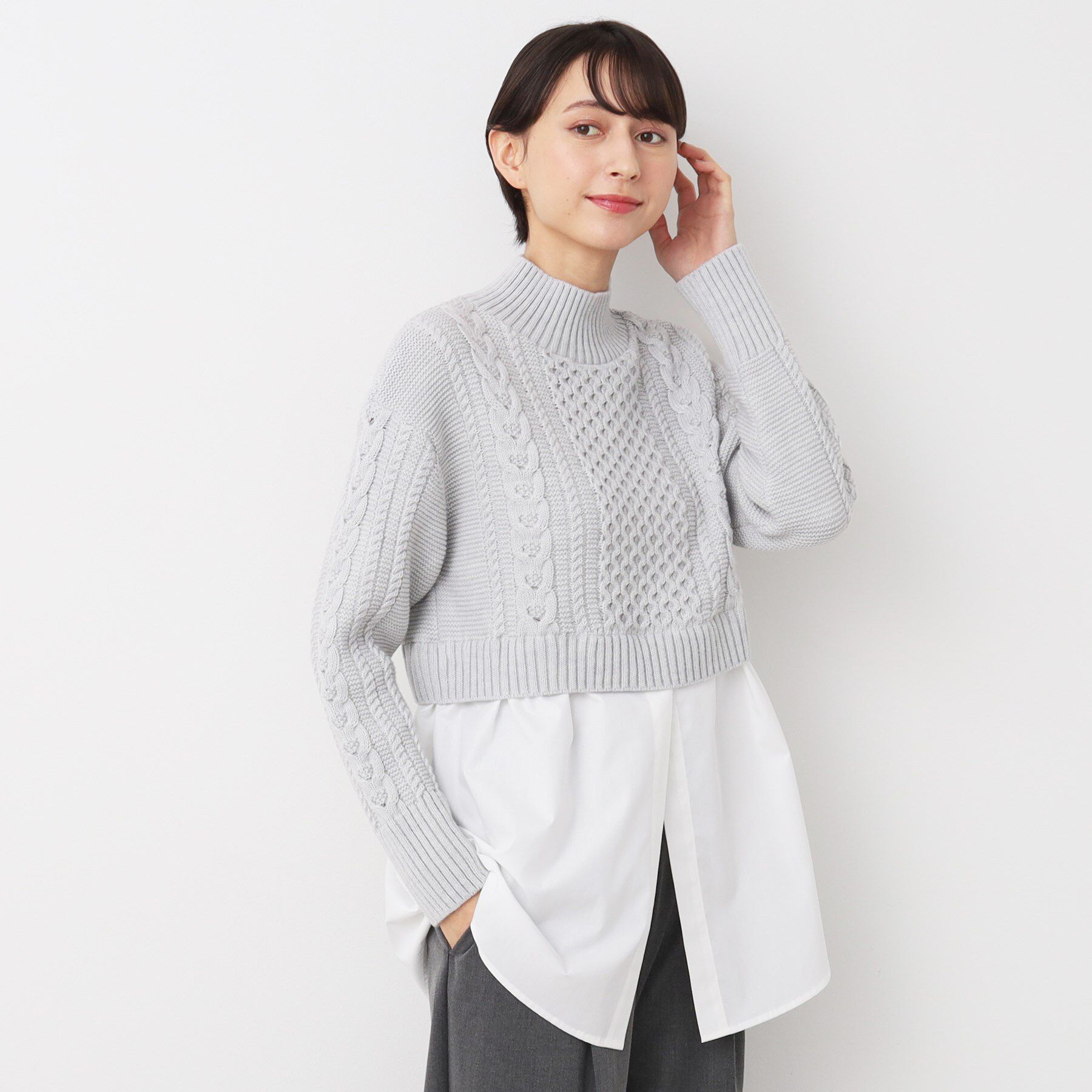 Dessin「【洗える】シャツ付きレイヤードケーブルニット」|ニット・セーター|ライトグレー(010