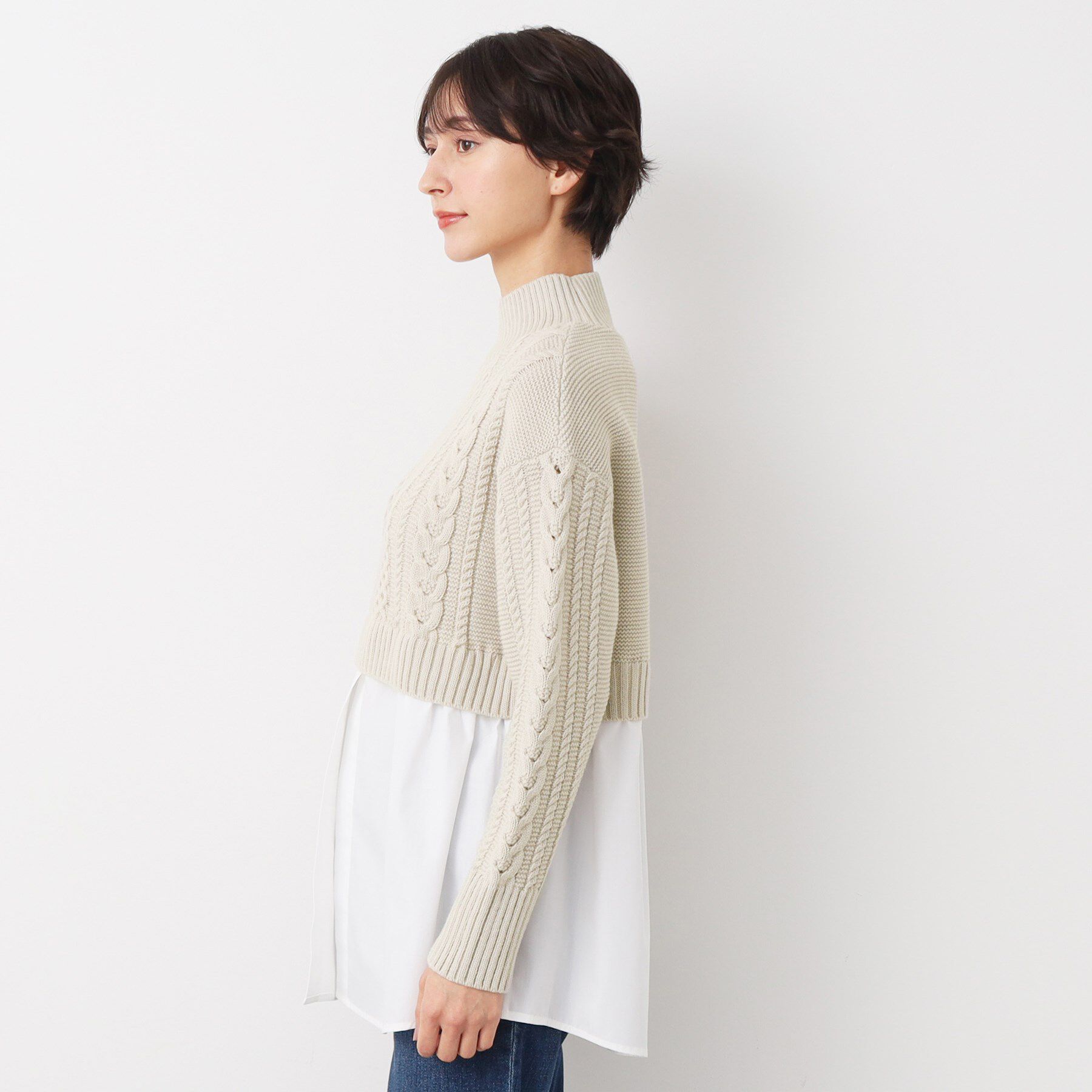 Dessin「【洗える】シャツ付きレイヤードケーブルニット」|ニット・セーター|