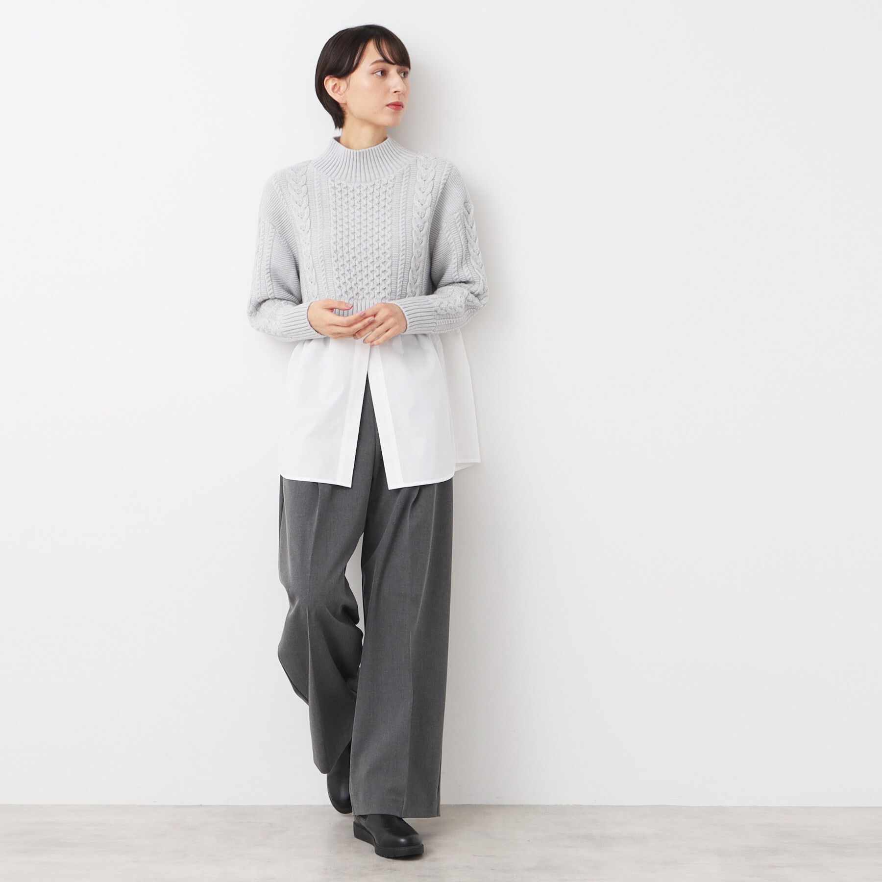 Dessin「【洗える】シャツ付きレイヤードケーブルニット」|ニット・セーター|