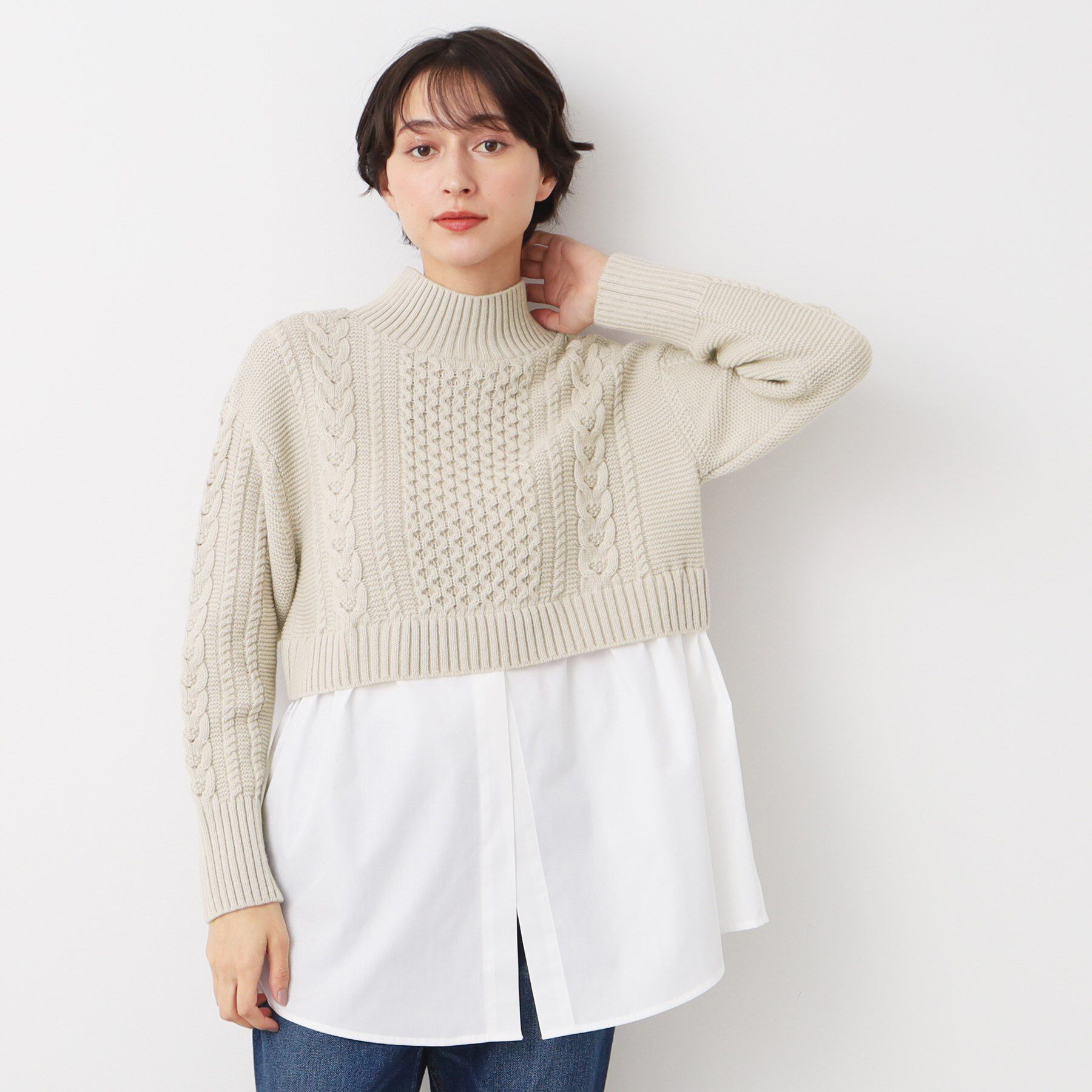 Dessin「【洗える】シャツ付きレイヤードケーブルニット」|ニット・セーター|