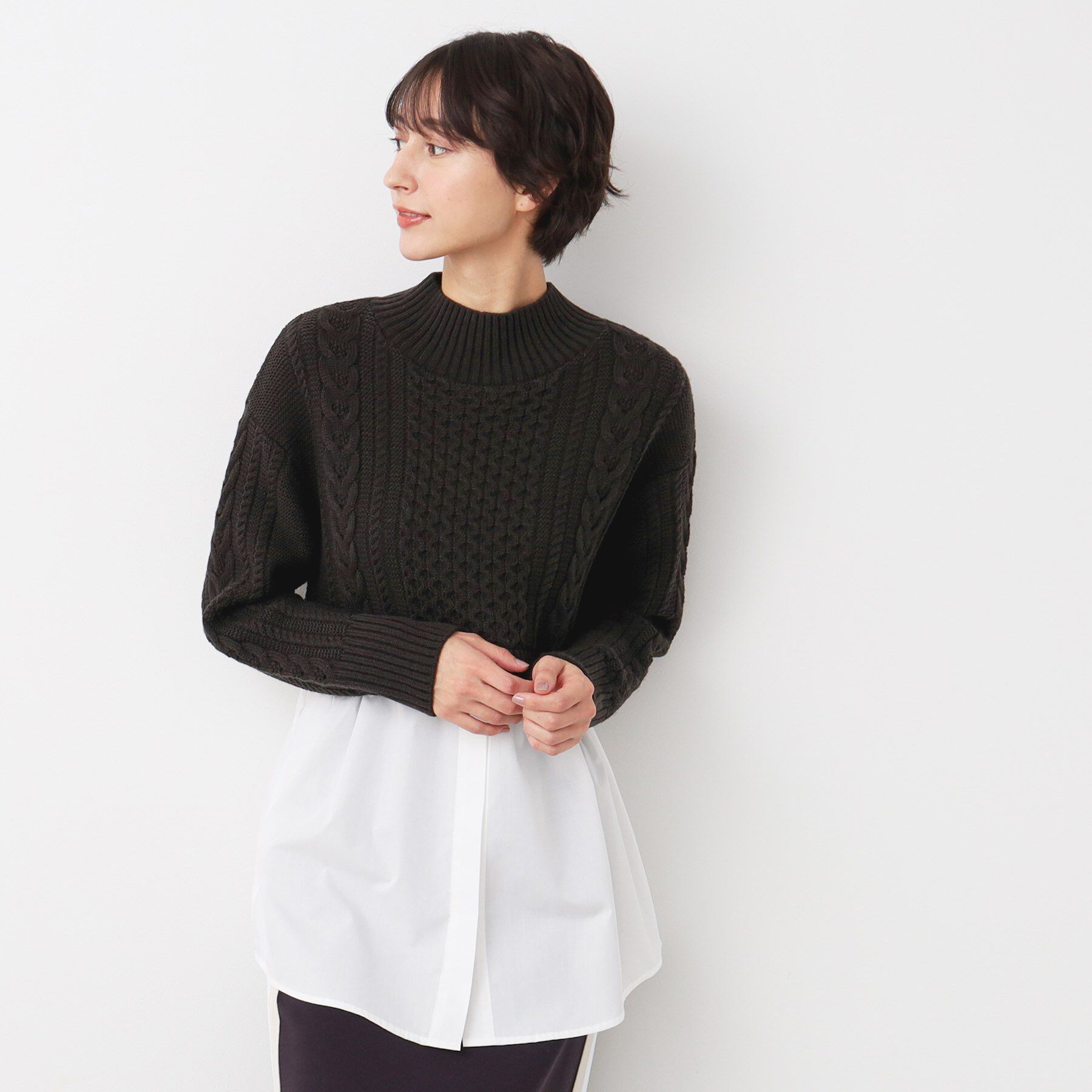 Dessin「【洗える】シャツ付きレイヤードケーブルニット」|ニット・セーター|ブラウン(045)
