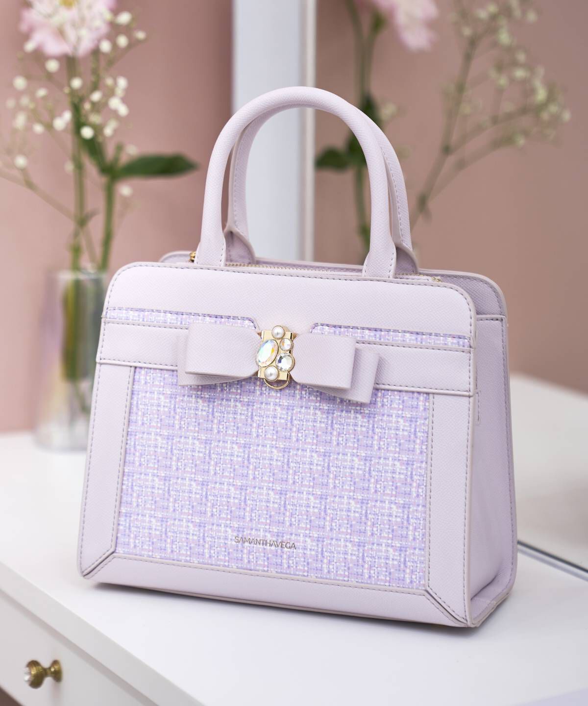 Samantha Vega「ツイードプリントジュエルリボンハンドバッグ」|ハンドバッグ|ラベンダー