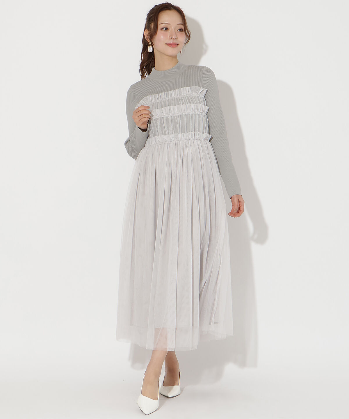 アンドクチュール「チュールギャザードッキングワンピース」|ワンピース|ライトグレー