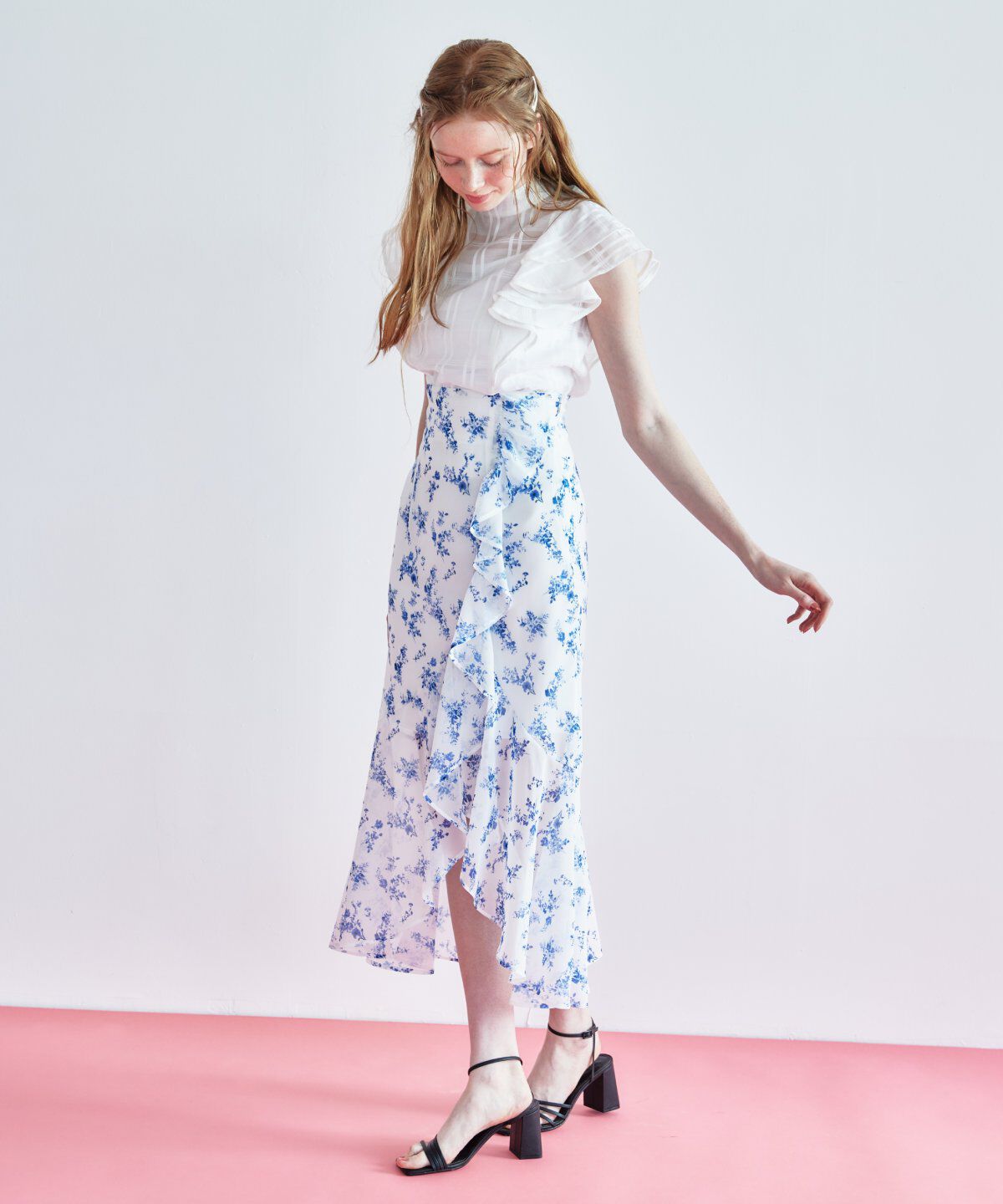 REDYAZEL「フラワープリントフリルスカート」|フレア|ブルー