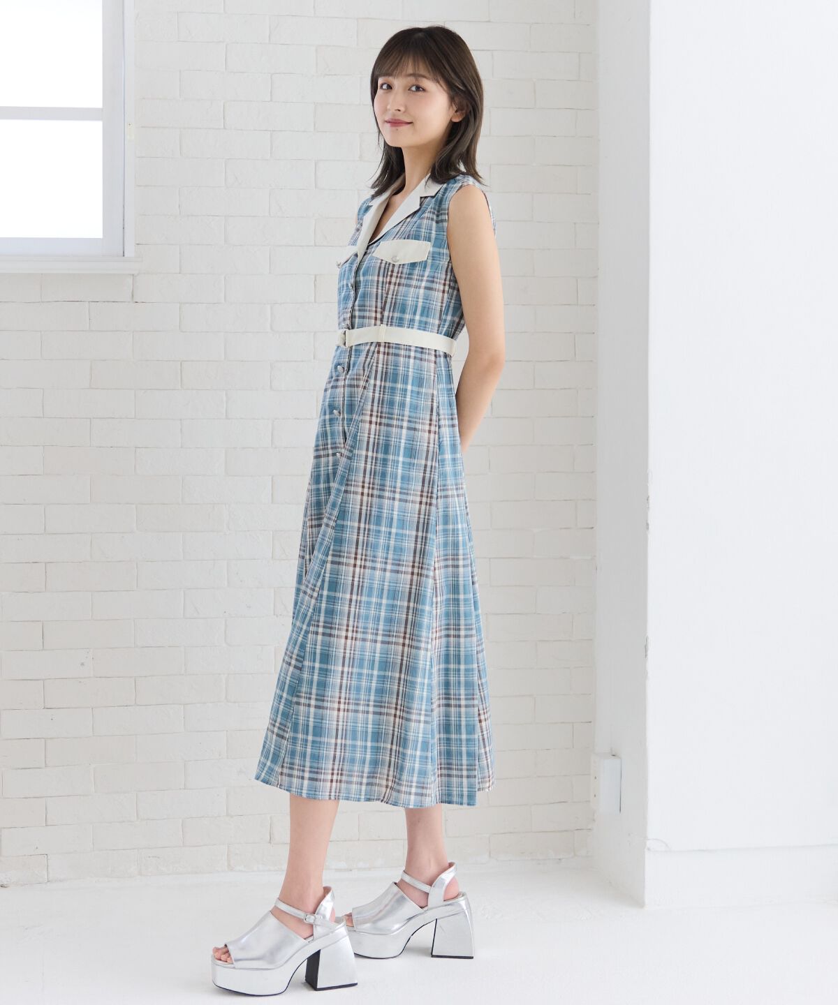 REDYAZEL「バイカラーチェックノースリーブシャツワンピース」|ワンピース|