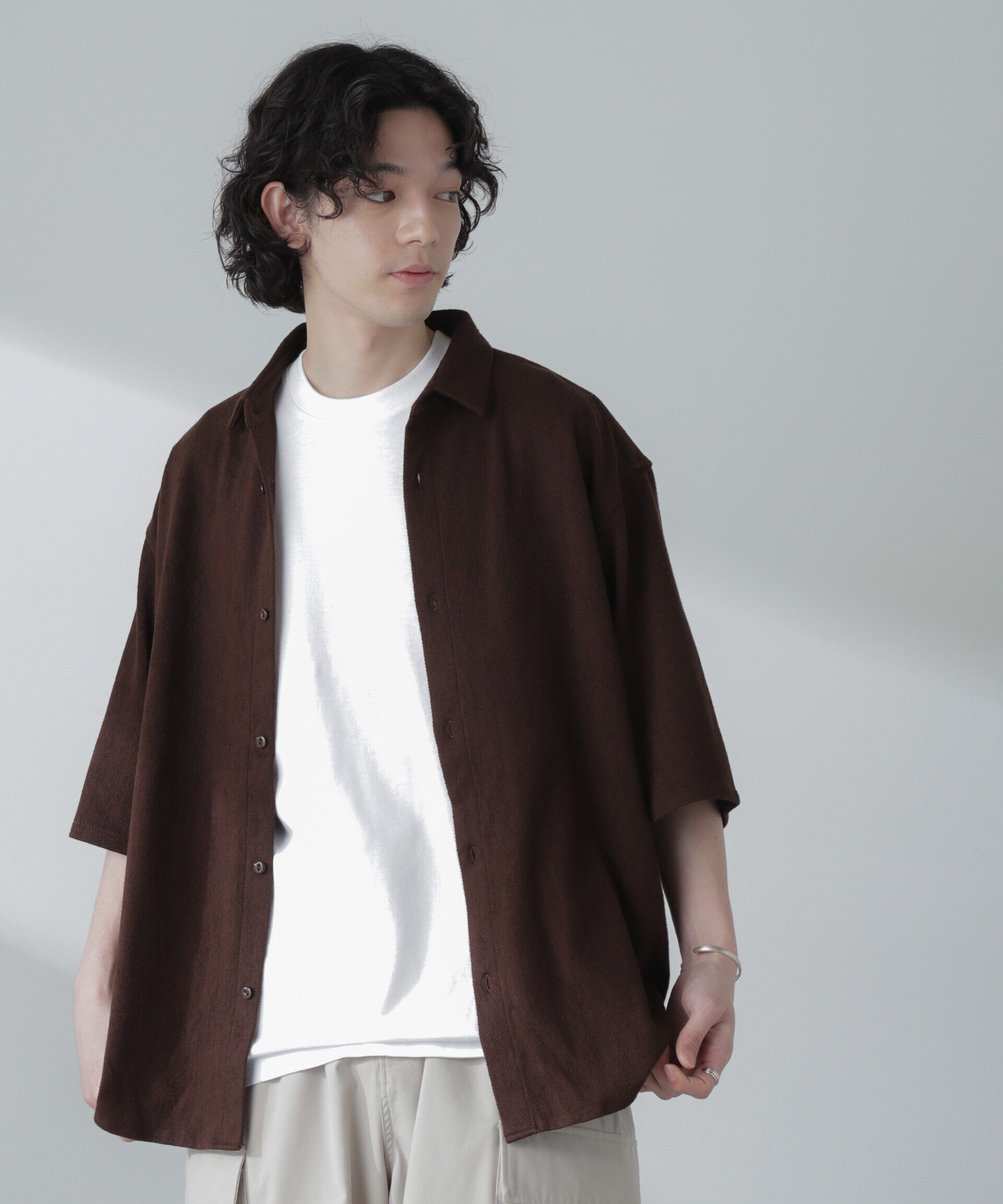 nano･universe「ヘリンボーン起毛シャツ 半袖(セットアップ可)」|シャツ・ブラウス|ブラウン