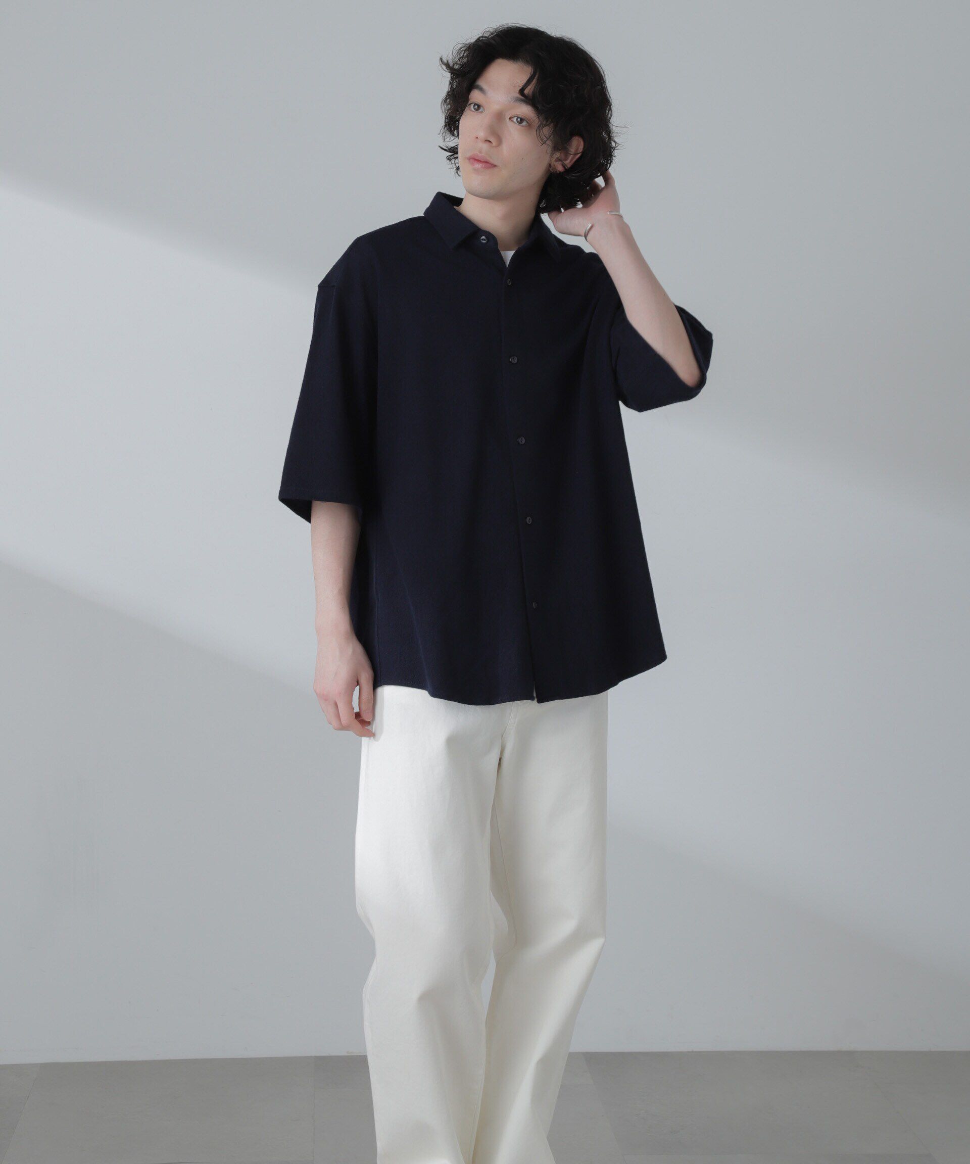 nano･universe「ヘリンボーン起毛シャツ 半袖(セットアップ可)」|シャツ・ブラウス|ネイビー