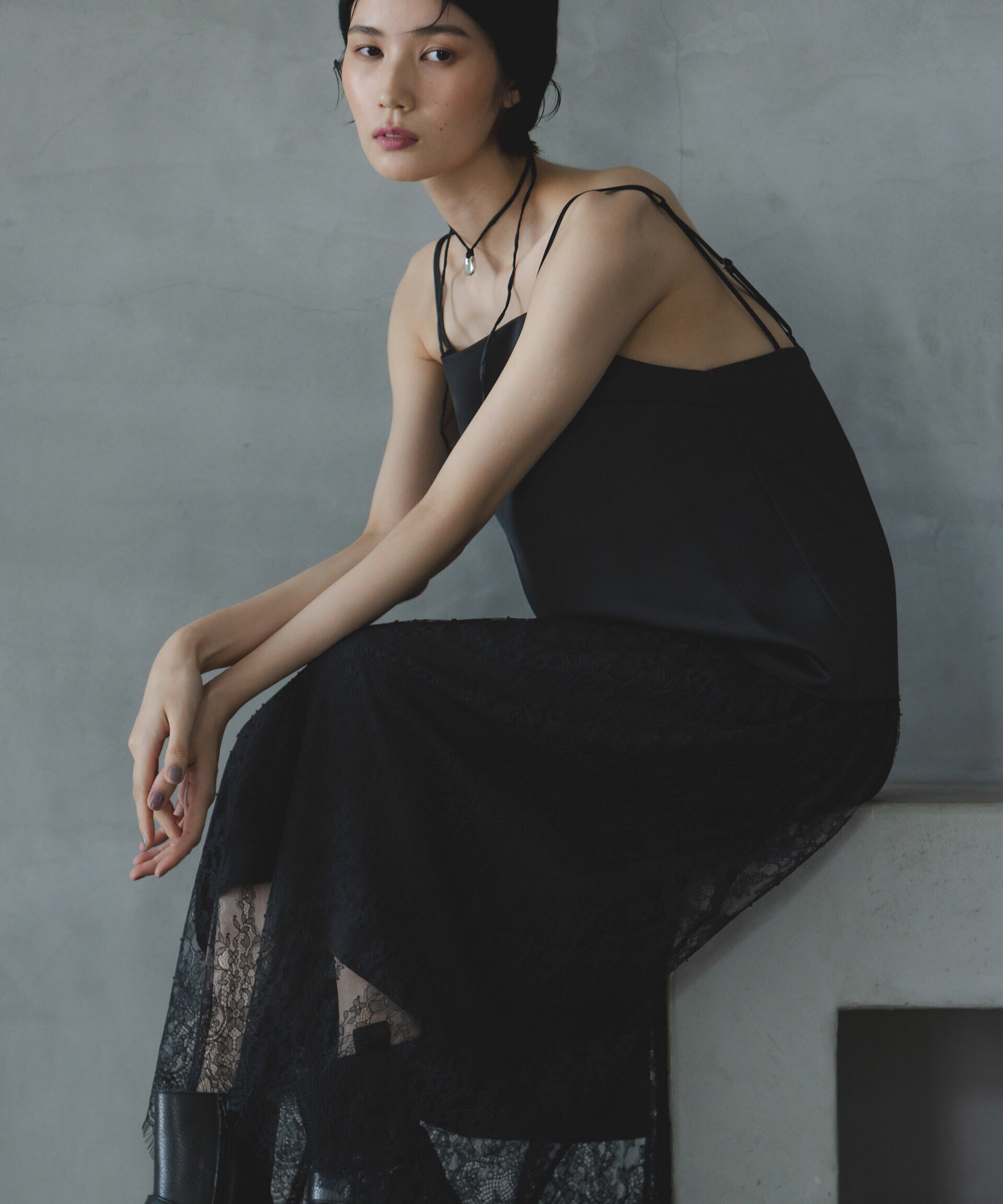 nano･universe「レース切り替えサテンキャミワンピース」|ワンピース|ブラック