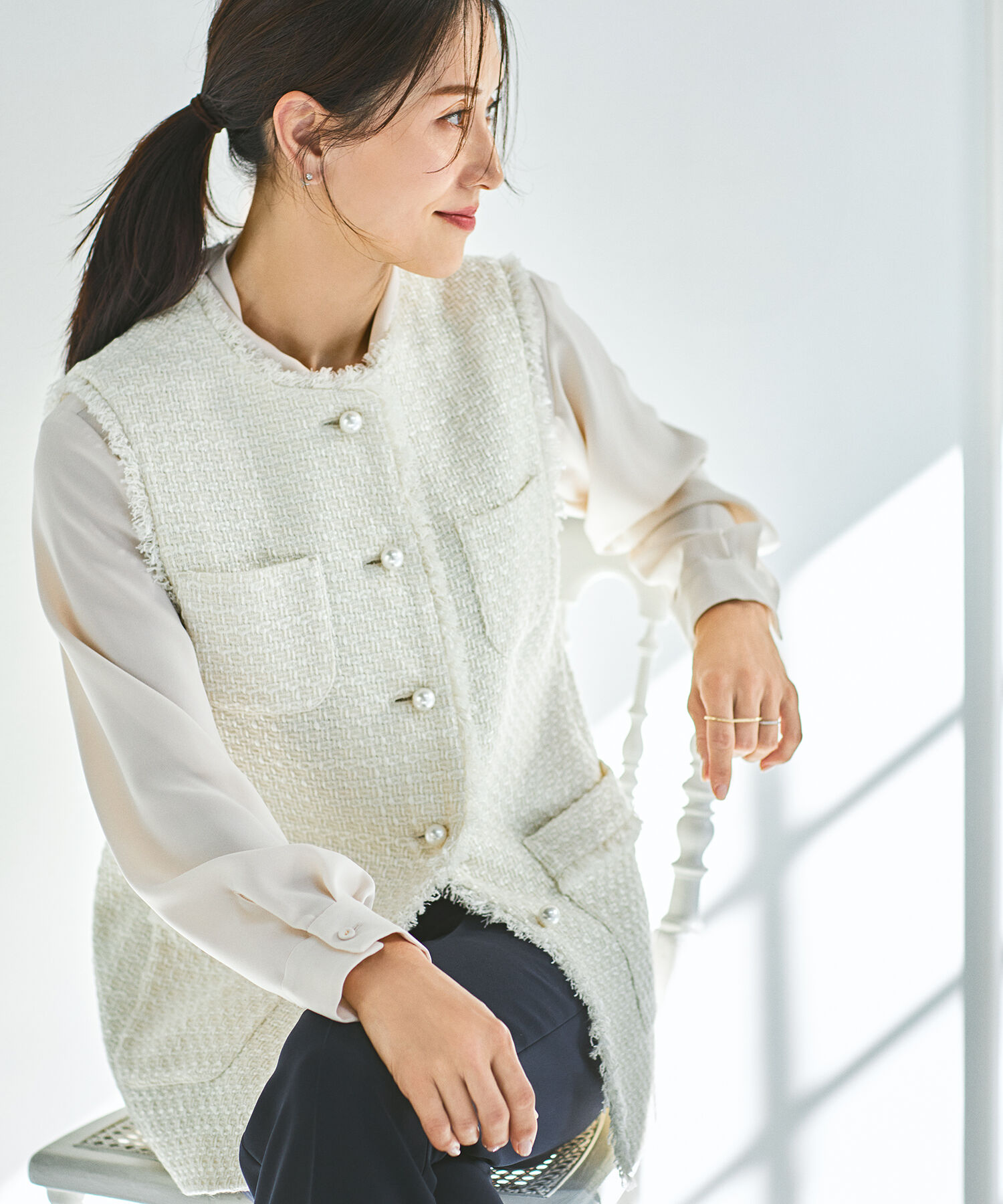 ROPE「ミックスツイード ノーカラージレベスト【セレモニー/通勤対応】」|ベスト・ジレ|オフホワイト(15)