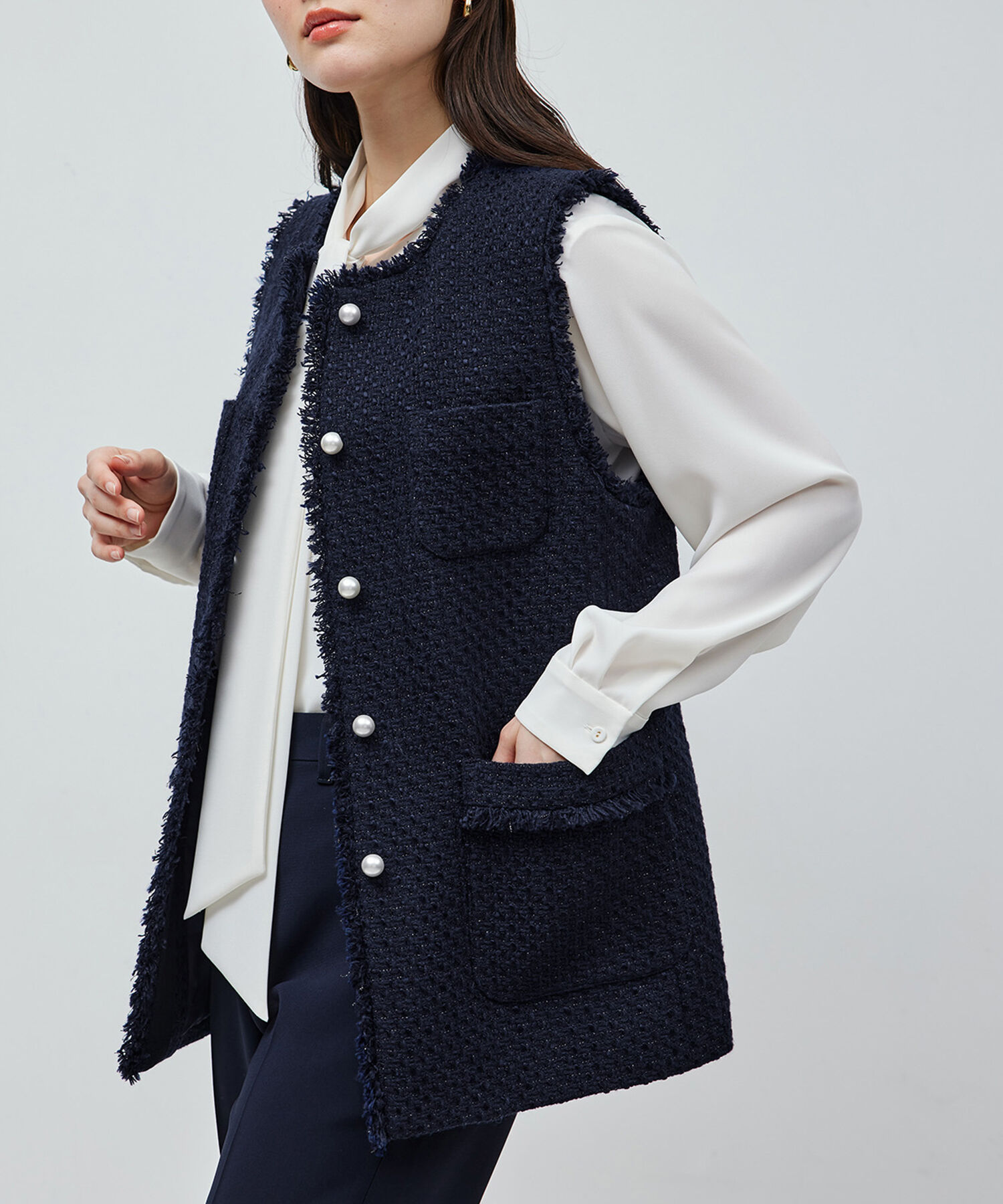 ROPE「ミックスツイード ノーカラージレベスト【セレモニー/通勤対応】」|ベスト・ジレ|ネイビー(40)