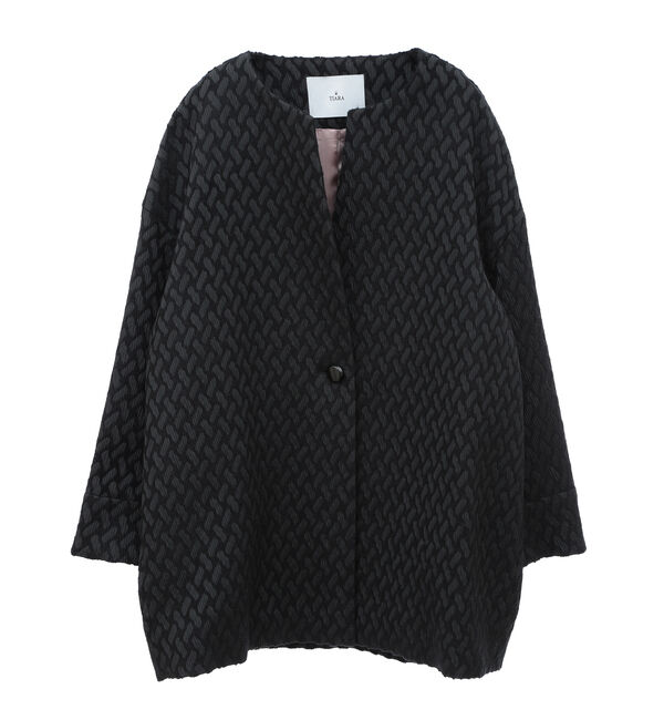 TIARA「モールふくれジャカードハーフコート」|ノーカラージャケット|ブラック
