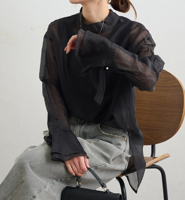 「【Du noir】パール使いシアー袖フレアブラウス」|プルオーバー|ブラック