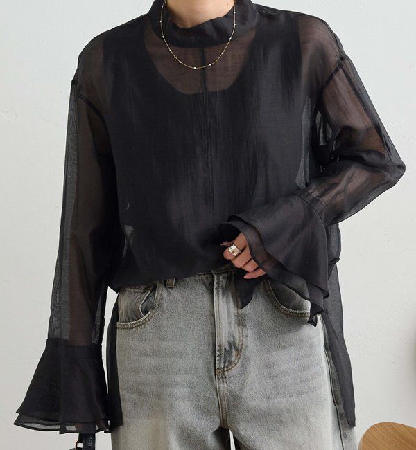  「【Du noir】パール使いシアー袖フレアブラウス」|プルオーバー|