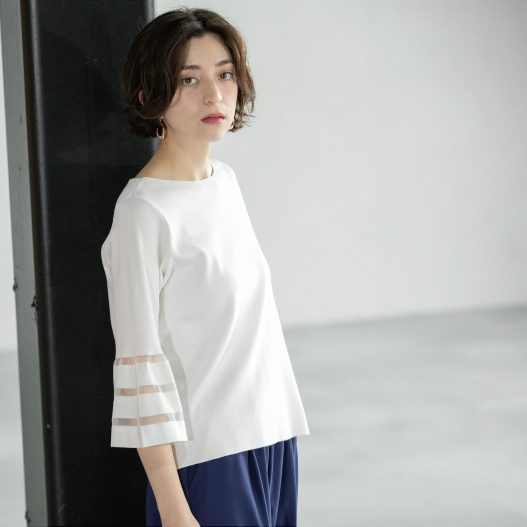 OPAQUE.CLIP「《6色展開》シアーボーダーフレアスリーブニット【洗濯機洗い可】」|ニット・セーター|