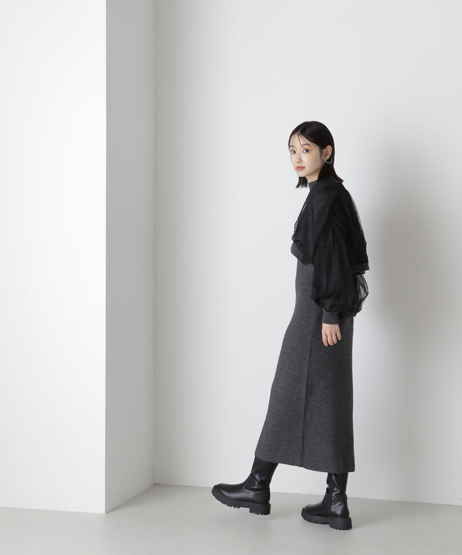  「チュールカーデ＆ニットワンピセット」|ワンピース|