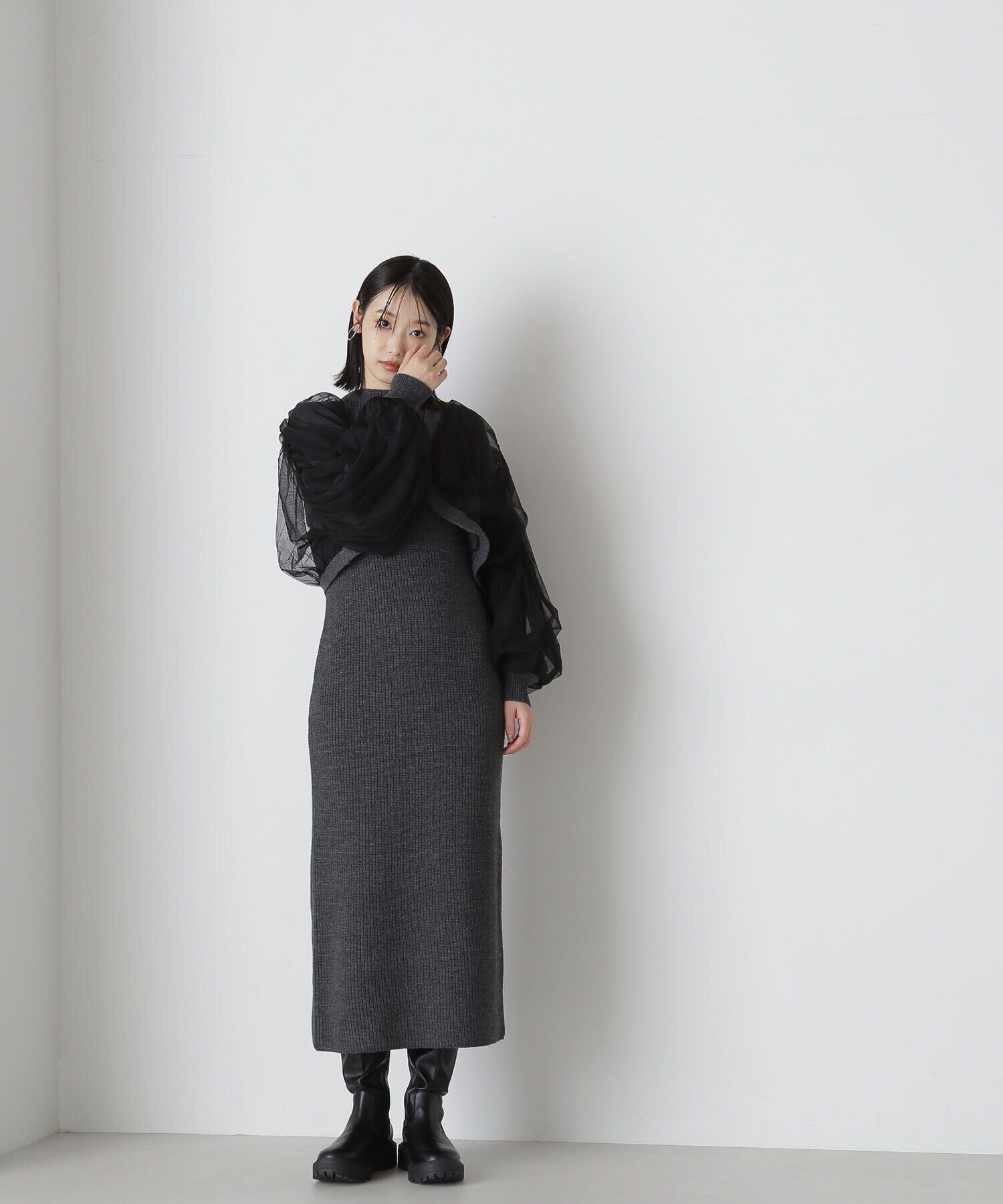  「チュールカーデ＆ニットワンピセット」|ワンピース|