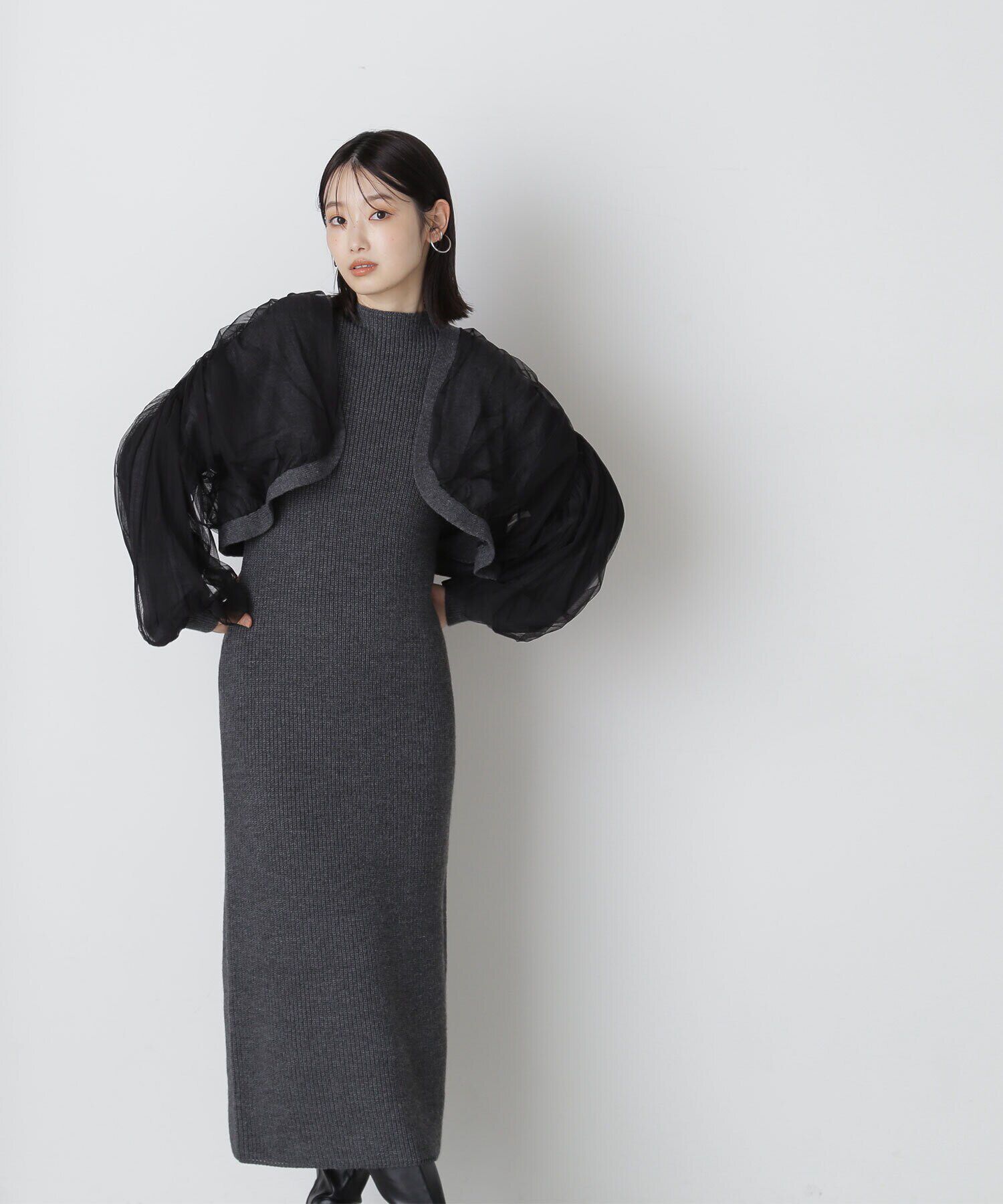  「チュールカーデ＆ニットワンピセット」|ワンピース|